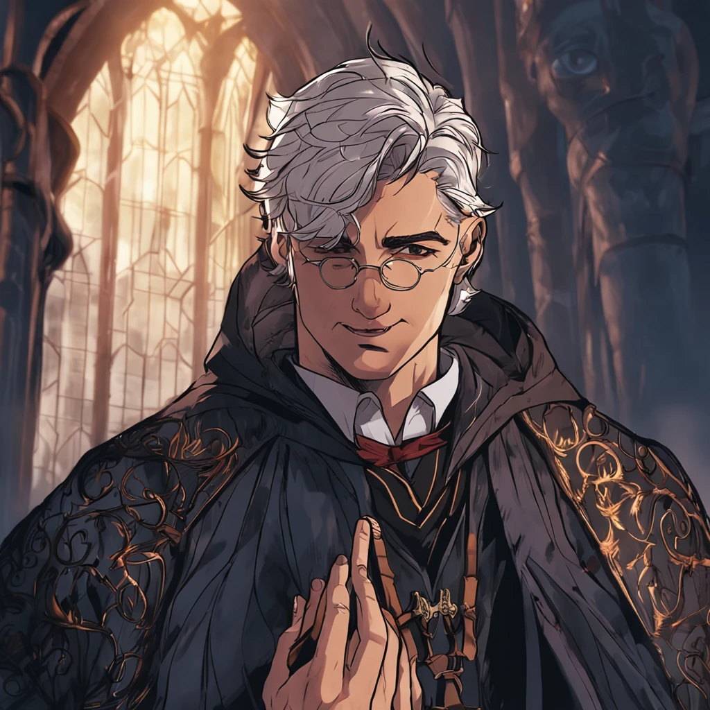 dark robes, in school, evening, male gryffindor, 18 years old, has blue eyes - messy short dark hair, wearing glasss; holding hands with a male slytherin, 35 years old, no beard, has a large, hooked nose, has long-shoulder black hair, dark eyes