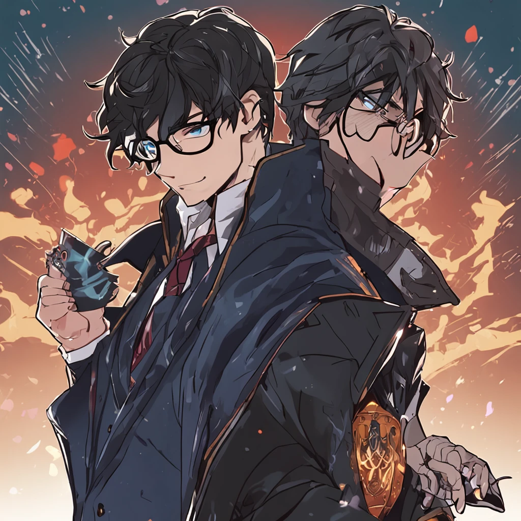 dark robes, in school, evening, male gryffindor, 18 years old, has blue eyes - messy short dark hair, wearing glasss; holding hands with a male slytherin, 35 years old, no beard, has a large, hooked nose, has long-shoulder black hair, dark eyes