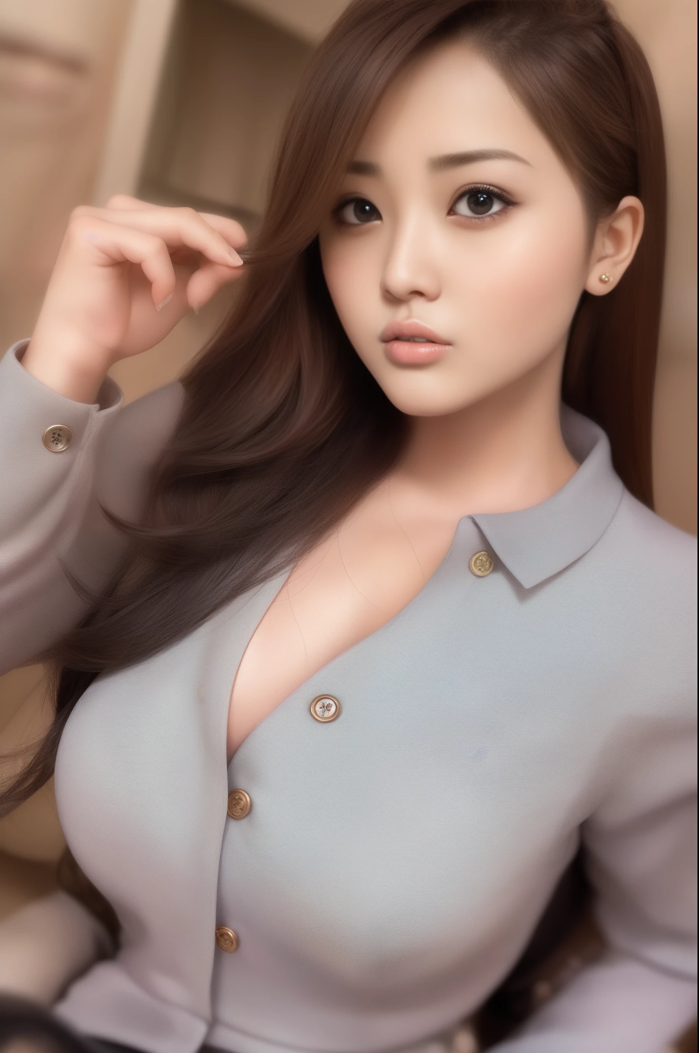Beautuful Women、A hyper-realistic、hyperdetailed face、Detailed lips、Full lips、A detailed eye、slick skin、Button shirt、tight skirts、jaket