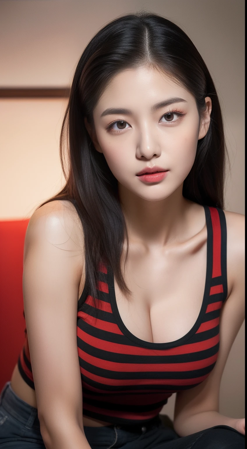 realistic photos of 1 cute Korean star, long hair slicked back, white skin, thin makeup, 32 inch breasts size, wearing red and black striped tank top, pants, sitting in the museum, close-up portrait, UHD