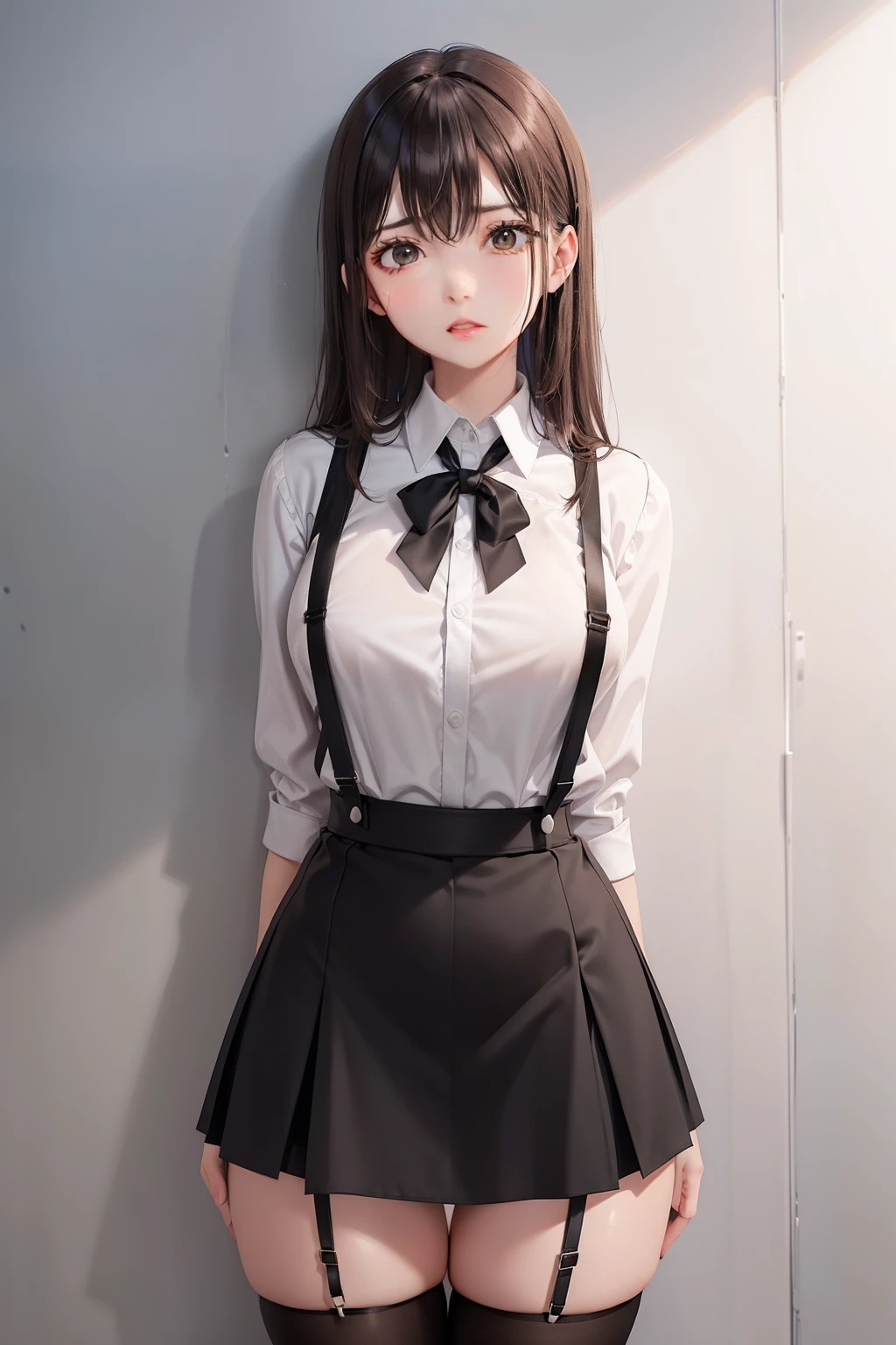 Black skirt, suspenders, Brown hair Gray eyes, Garter belt on the legs, Tight clothes, a belt Armpit sweat deadpan moderate breasts