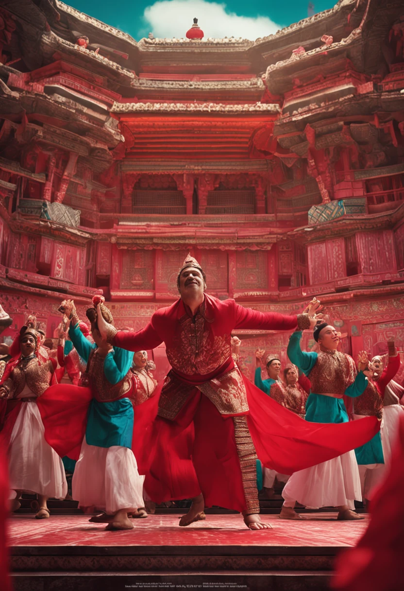 the actors are dressed in red suits and are dancing with a lotus, in the style of cinematic stills, intricate embellishments, kombuchapunk, movie still, monumental ensembles, inspired by folklore, rtx on --ar 73:128 --s 750 --v 5.2
