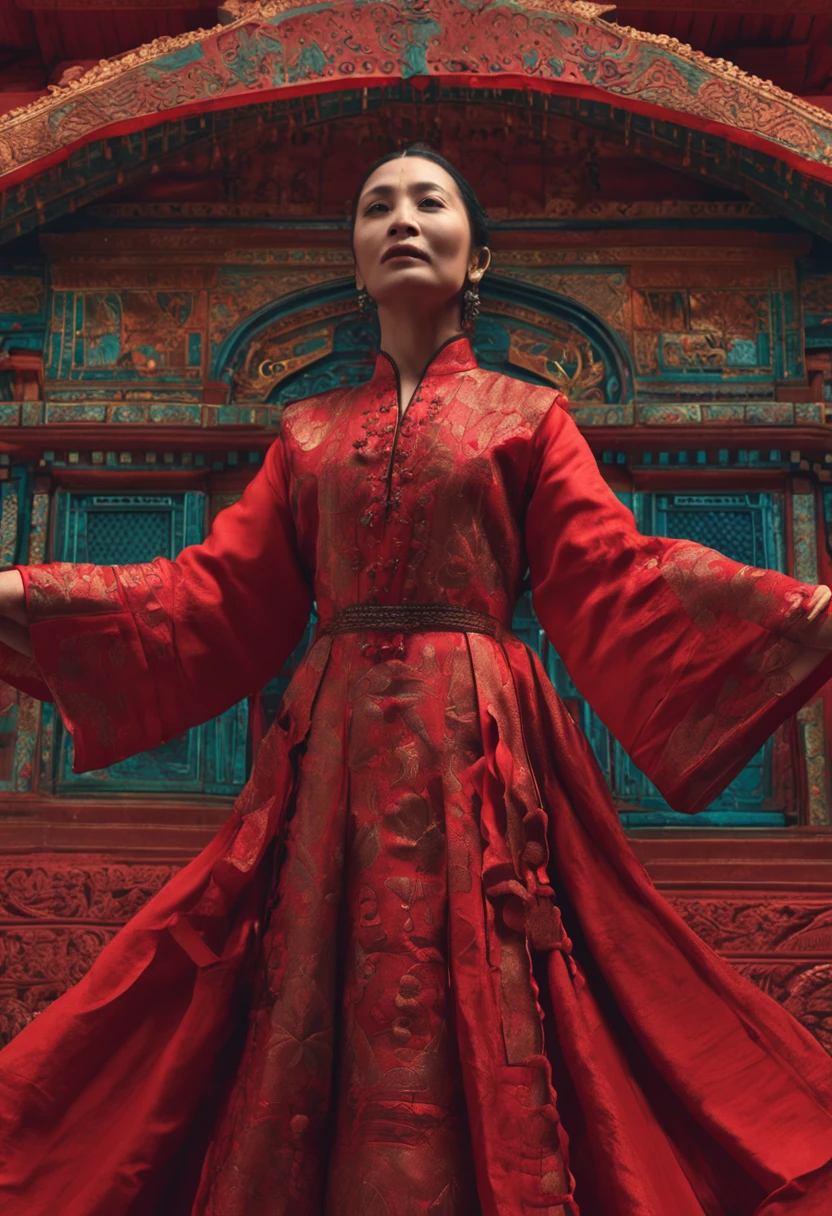 the actors are dressed in red suits and are dancing with a lotus, in the style of cinematic stills, intricate embellishments, kombuchapunk, movie still, monumental ensembles, inspired by folklore, rtx on --ar 73:128 --s 750 --v 5.2