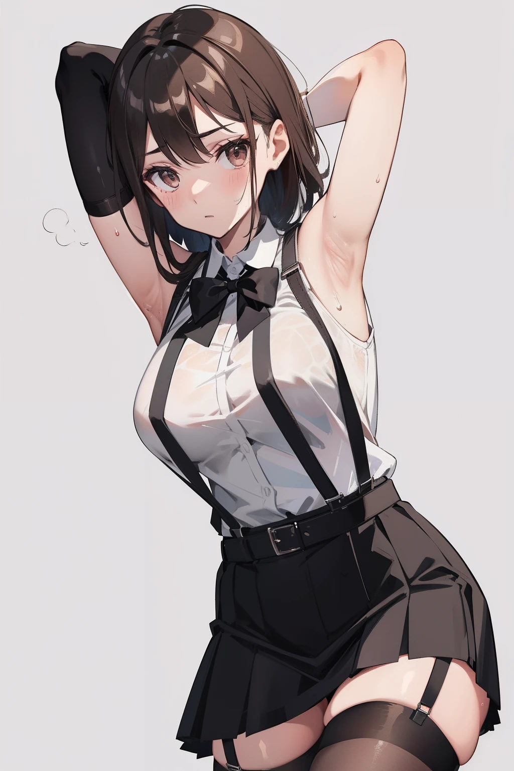 Black skirt, suspenders, Brown hair Gray eyes, Garter belt on the legs, Tight clothes, a belt Armpit sweat deadpan moderate breasts