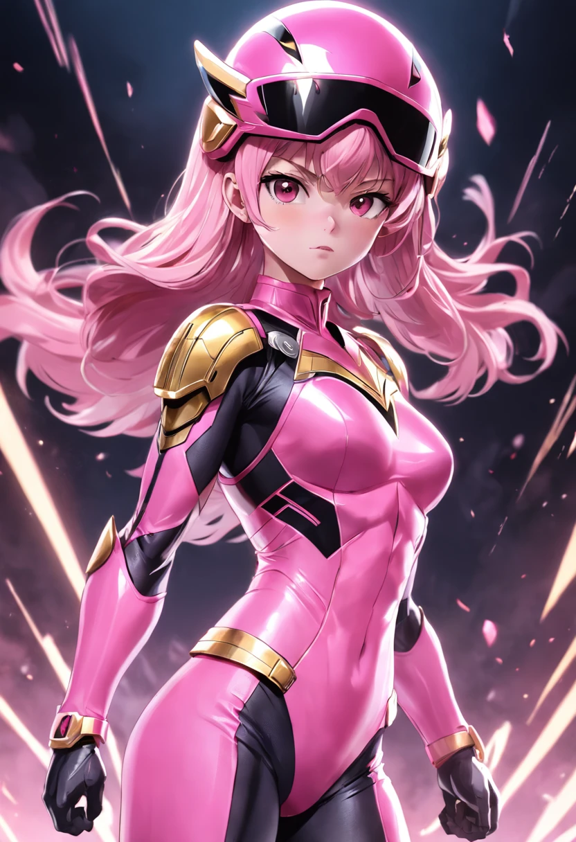 1female, Pink Ranger, Pink helmet, black glass, Pink armor, Pink Power Ranger, Gold stripes, Ultra HD, Photorealism