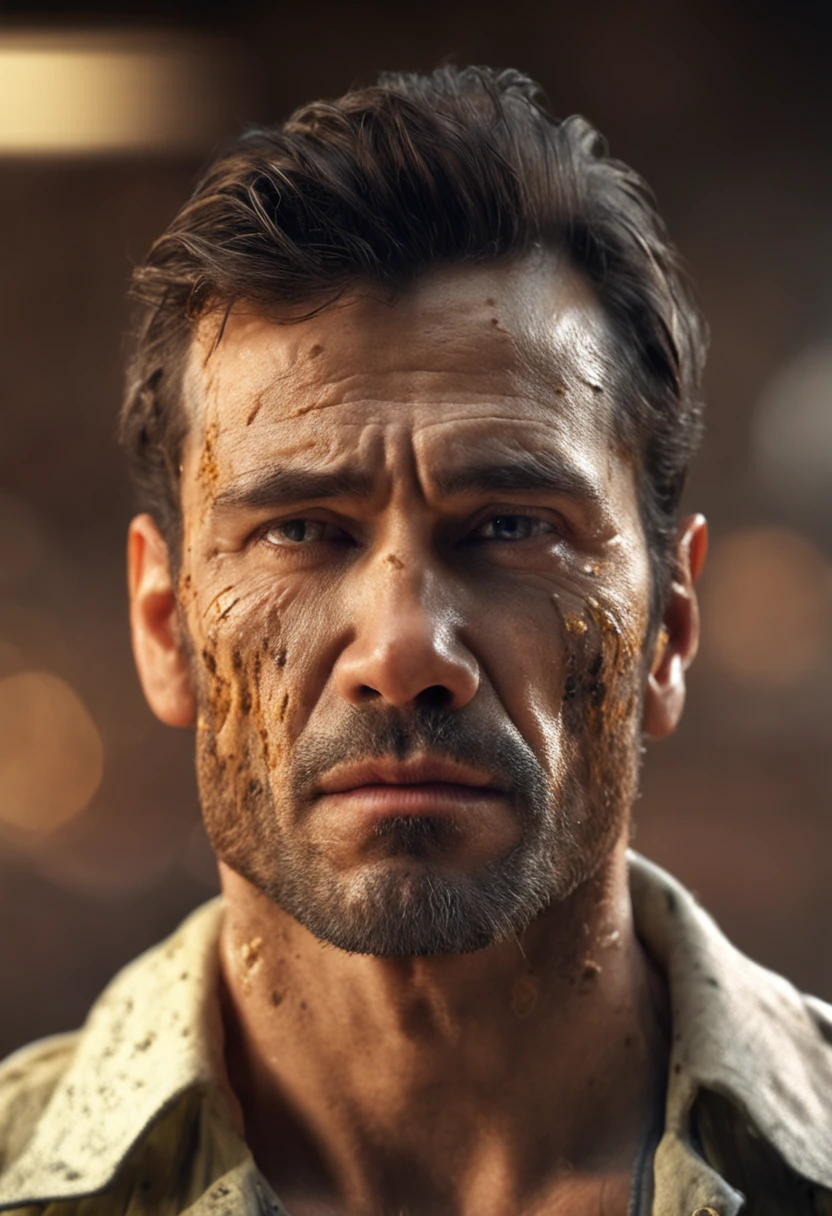 Masterpiece, DSLR photo, Style analogique, Nikon D5, VRAIE PHOTO, une photo de Hugh Jackman avec une barbe grisonnante, dramatic lighting (85 mm), (Detailed facial features), (detailed bright eyes), Angle dynamique, Jeremy Mann, Style Ilya Kuvshinov , profit complet