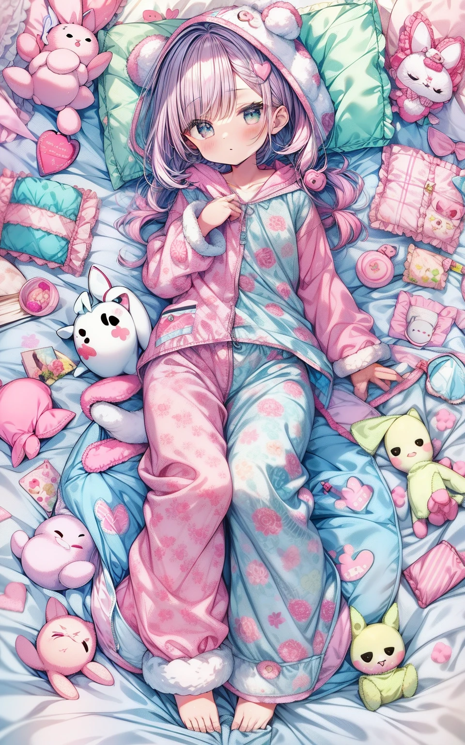 Cute pillowcase pictures, Pink hair and pink dress, Lying in bed, Cute girl, Cute pajamas, ((Animal pajamas)), ((Hood)),pillow head,Cute little thing,kawaiitech, Pastel colors, kawaii, cutecolors,kawaiitech, Pastel colors, kawaii, cutecolors,Girls' pajamas, Jumpsuits,Zippered dressing gowns,(Plain white sheets)