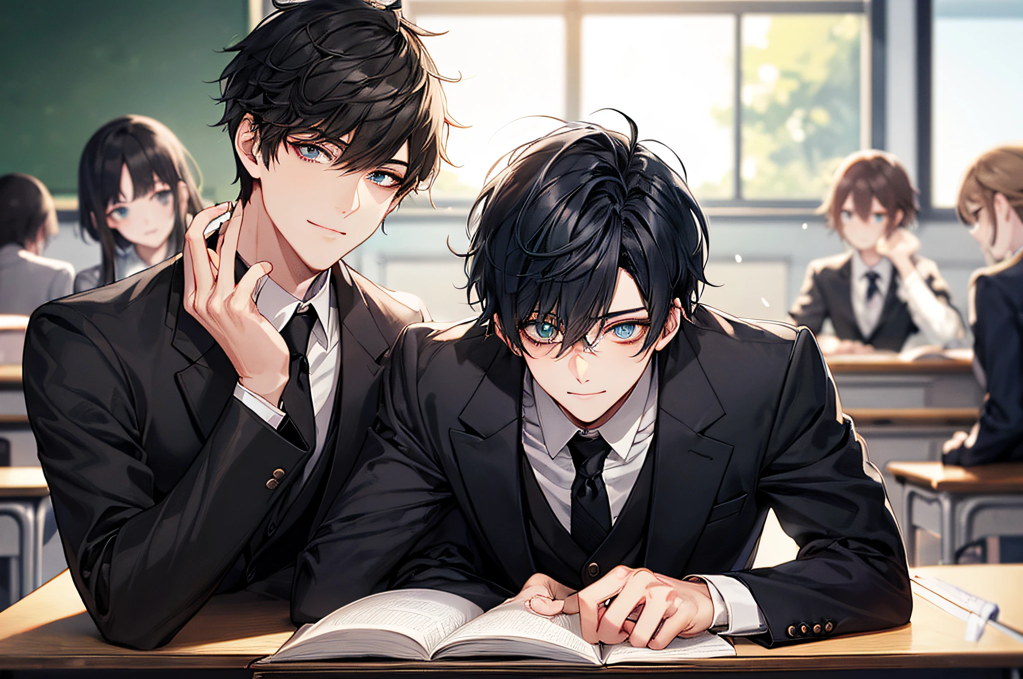 Men's,short detailed hair,black colored hair,(Eye 1:2,Clear eyes,Elaborate Eyes,Delicate pupils,Good eyes,eye detailed),Face Focus,Adult,In black suit,best qualtiy,facial detailing,Classroom,sit on desk,sitting in the couch,lazy,细致背景,diffuse sunlight,depth of fields,Studying Smiling at your desk