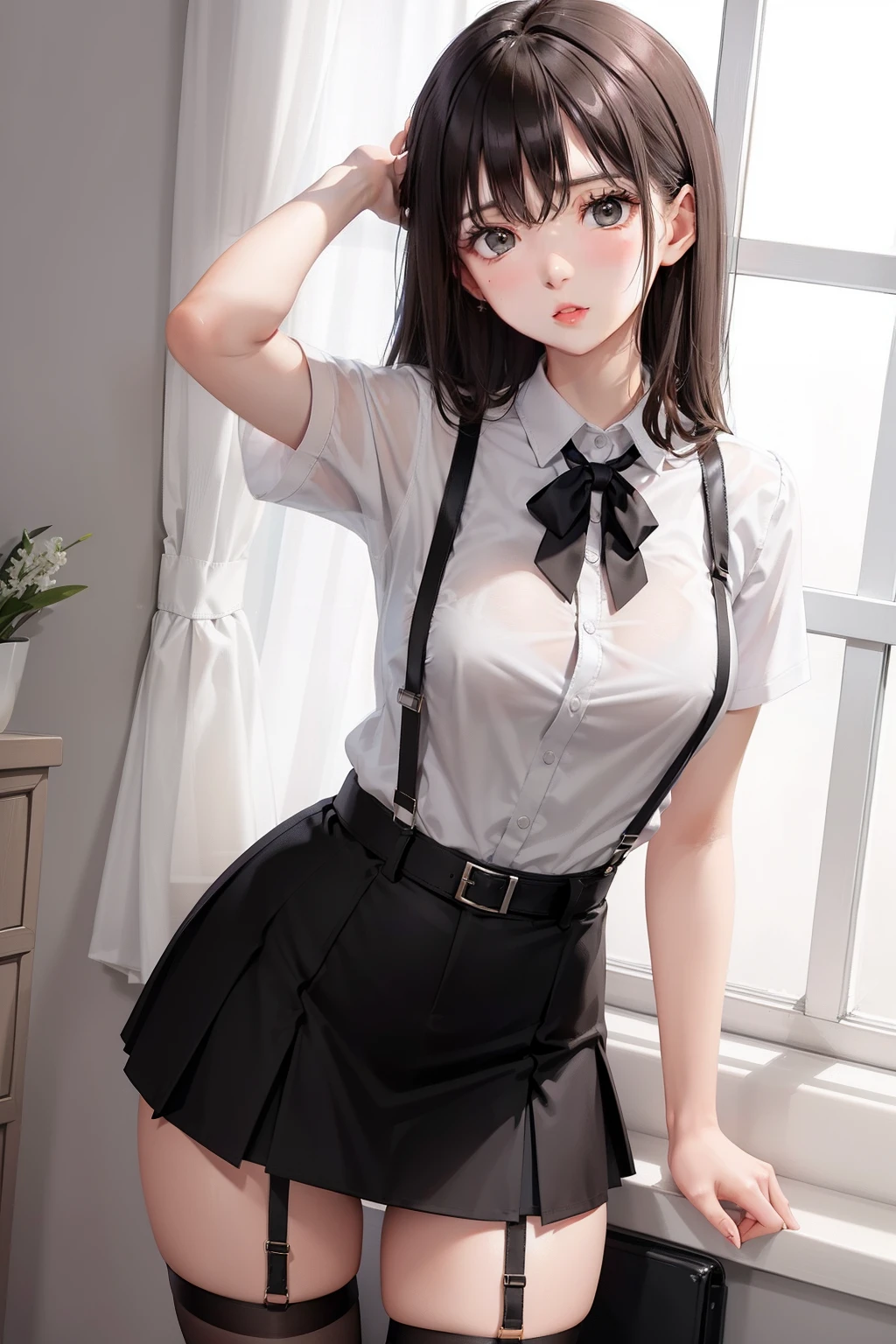 Black skirt, suspenders, Brown hair Gray eyes, Garter belt on the legs, Tight clothes, a belt Armpit sweat deadpan moderate breasts
