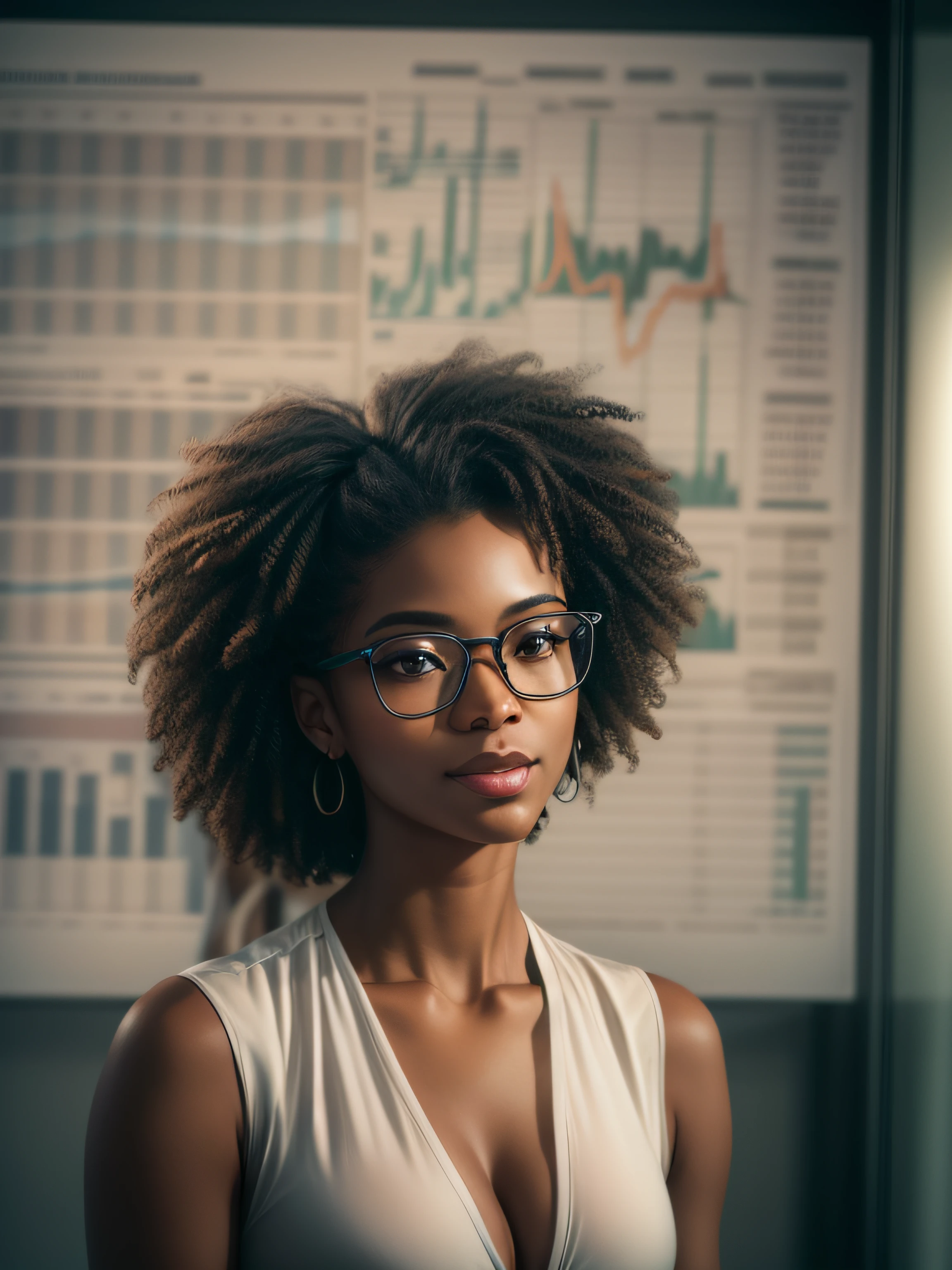 a beautiful 28 years old black woman exuding an air of confidence and intellect in a sleek modern office space beside a complex financial chart on the wall, you can feel her analytical mind at work, straight in the camera gaze, slightly smiling, full body, top model measurements, office dress code, wearing glasses, cute face, still very professional, by Alejandro Burdisio