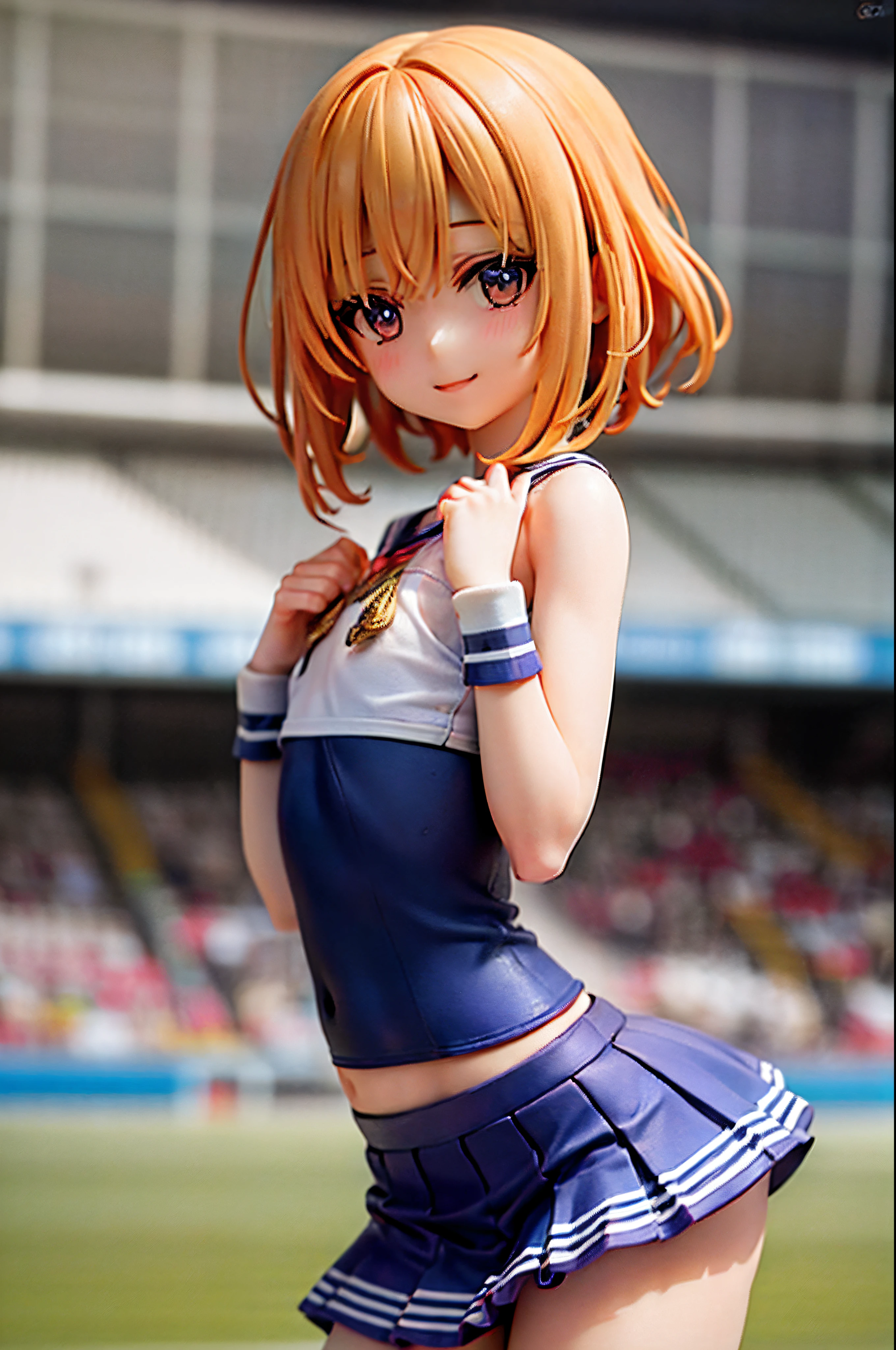 （cheerleaders:1.3）、(stadio:1.5)、(tiny chest:1.4)、extremely delicate and beautiful,visual impact, ultra-detailliert, Raw photography, top-quality, hight resolution, (​masterpiece), (Photorealsitic:1.4), Anime Cosplay, foco nítido, nffsw, 8K分辨率, intricate detailes, depth of fields,HDR,amazing, front lit,Oil Highlights, girl with, Smile、(A slender:1.5)、see -through、Cheerleading pom-poms in hand、Wearing a sailor-style sleeveless shirt and miniskirt、