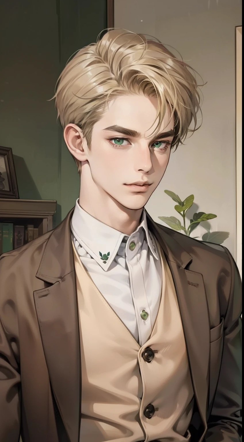 masterpiece, best quality, realistic, 1man, mature male, quiet and charming young man, 18 years old, a smirk, closed mouth, portrait, extremely detailed face, a little distant, ((dark green eyes)), ((short-side-swept sandy blonde hair)), [thick eyebrows], bookstore, ((brown suit)), upper body