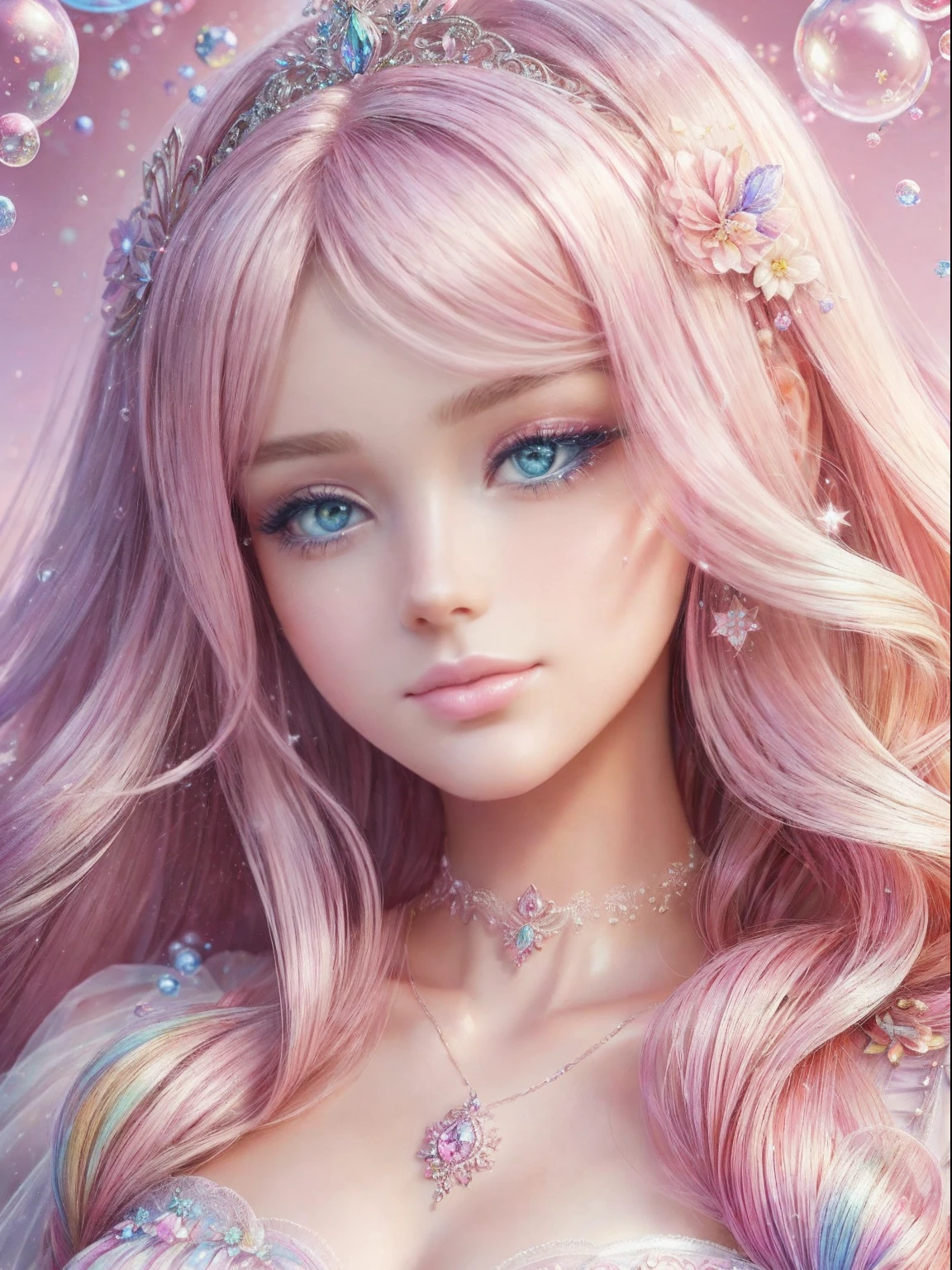 8K,gal,an extremely delicate and beautiful,Beautiful and realistic skin,Shiny jewel-like earrings,Shine like glitter long pink hair,beautiful eyes,glitter background,from the chest up
