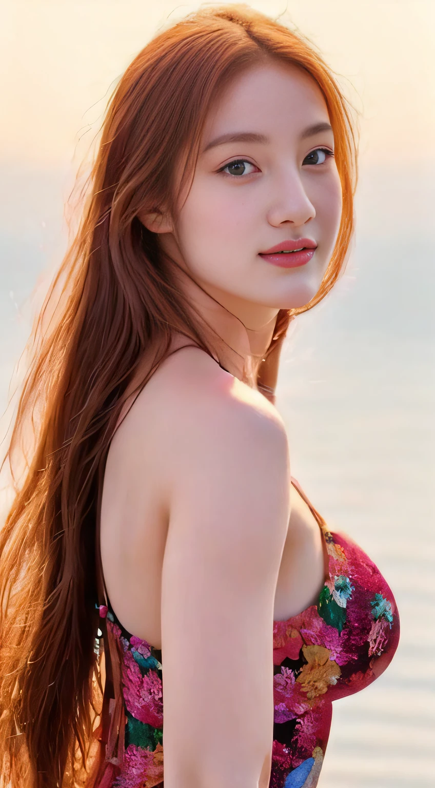 top-quality。８K-Picture。High pixel。The background is a vast ocean。Long bronze hair, Wavy Hair。Perfect beauty。Excellent style((Super burst breasts！：1.7))。Show off your lovely buddy in a colorful swimsuit。Sexy women for guys。((A look that beguiles a man))。time々、Take a sexy pose。like Marilyn Monroe。Pose Color々Although there is、Leave it to your imagination。Clean from throat to neck。Very delicate overall。This is perfect！