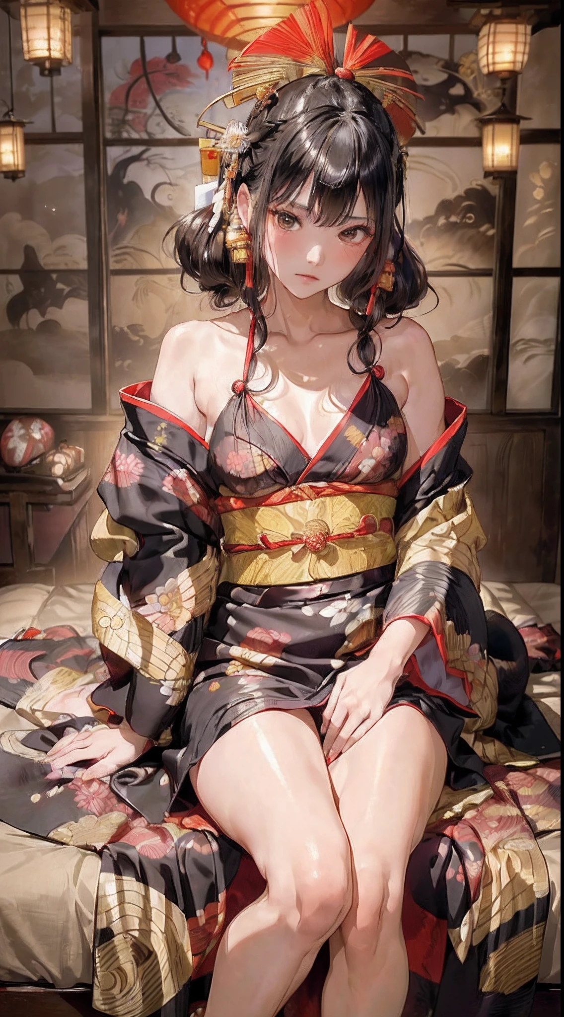(花魁:1.4)、1girl in,Black hair fringe long hair、Braided hair、disheveled hair、(A detailed eye:1.2)、Light brown eyes、(Extraordinary beauty)、(dignified expression)、(Colorful traditional kimono, A shiny and luxurious Japan based on red:1.4)、(爆乳:1.7)、(small breasts with rounded upturn:1.7)、(Photorealsitic)、(intricate detailes:1.2)、(masterpiece、:1.3)、(top-quality:1.4)、(超A high resolution:1.2)、超A high resolution、(A detailed eye)、(detailed facial features)、Wearing kimono_Clothes、(A dark room where only bedside lanterns shine:1.4)、on the bed、(Are sleeping:1.4)、(Open your legs:1.3)、Emphasis on the thighs、(beauty legs:1.4)、Emphasize the valley、(showing the shoulders:1.4)、(From above:1.2)