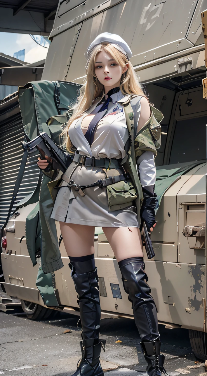Kizi, an Quority, top-quality, big breasts beautiful, prette, The sheen,Next to the missile car, tmasterpiece, Cat eyes,White army uniform,Raised sexy,chest baring,cropped shoulders,nakeness,Army equipment,short skirt, Big wavy blonde hair,With a military cap,Fighting posture,white colors,Land background,(((Armed with a submachine gun:1.3))),girl soldier
