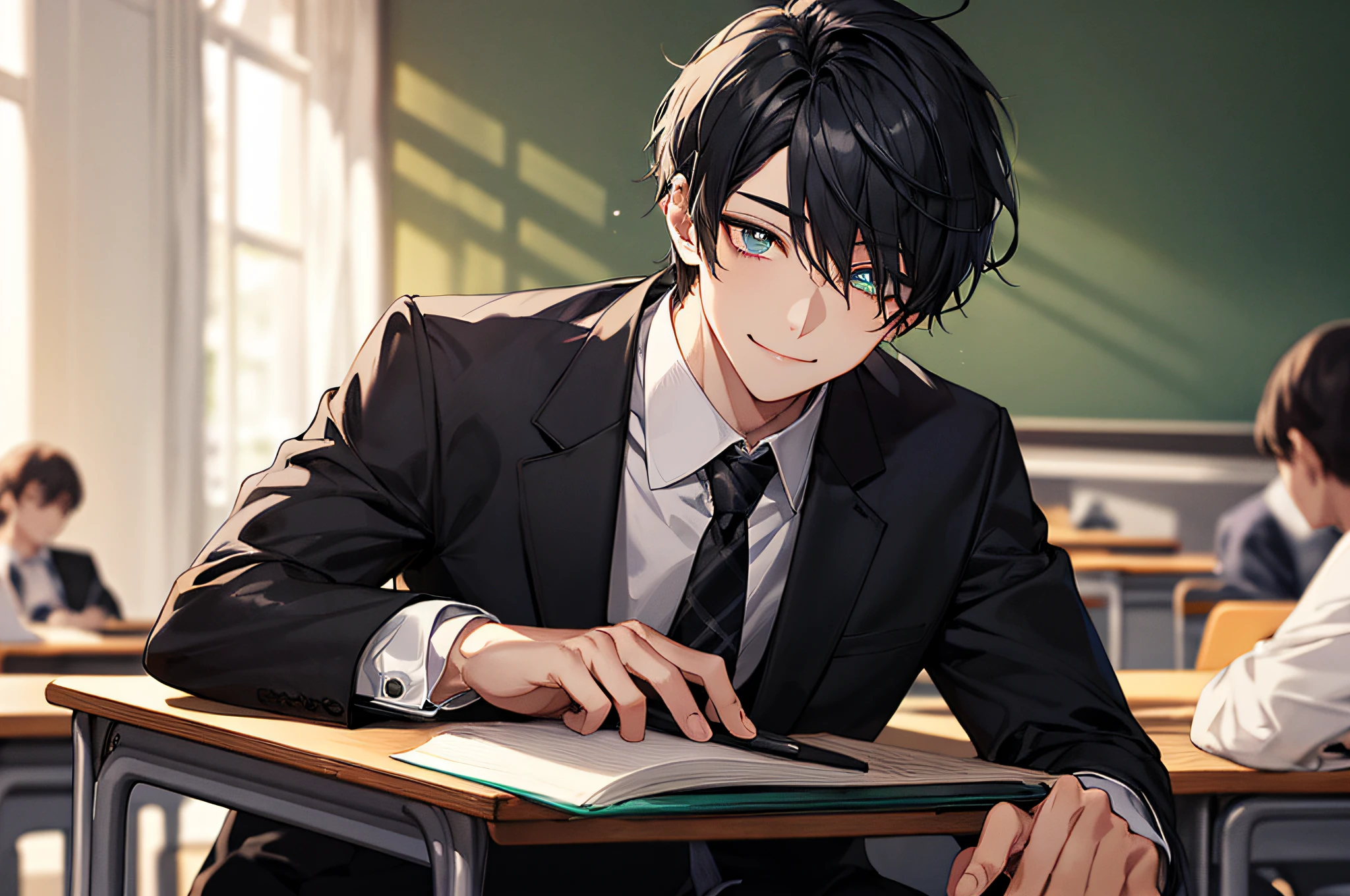 Men's，short detailed hair，black colored hair，（Eye 1：2，Clear eyes，Elaborate Eyes，Delicate pupils，Good eyes，eye detailed），Face Focus，Adult，In black suit，best qualtiy，facial detailing，‎Classroom，sit on desk，sitting in the couch，lazy，细致背景，diffuse sunlight，depth of fields，Studying　Smiling at your desk