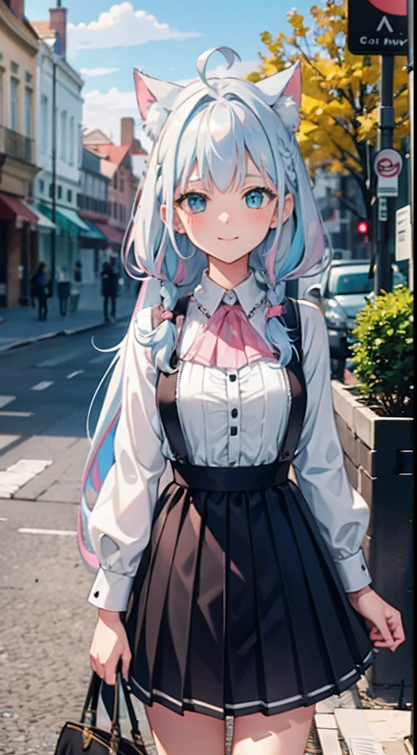 Black hair, Pink hair, Asymmetrical hair, Braid, crossed bangs, hair between eye, Very long hair, hair over shoulders, Asymmetrical bangs, crystal hair, High ponytail, Twist braids, Short pleated skirt, Crop top, Hairbell, Cat ear hair accessories, aqua eyes, Amber eyes, Smile, coquetry, Shy, Blush, surrealism, High detail, Anime style, Motion blur, Ray tracing, Cowboy shot, Turn sideways and turn around, 8K, Super detail, hyper HD, Masterpiece, ccurate, Best quality, 16k, 1080p, High details, High quality, Award-Awarded,(((Pouts sell cute)))