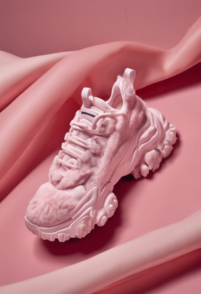 Fashion shoot, Jacquemus and moncler collaboration: light pink translucent fur sneakers, hyper-realistic, detailed 8k, realistic --ar 2:3 --s 750