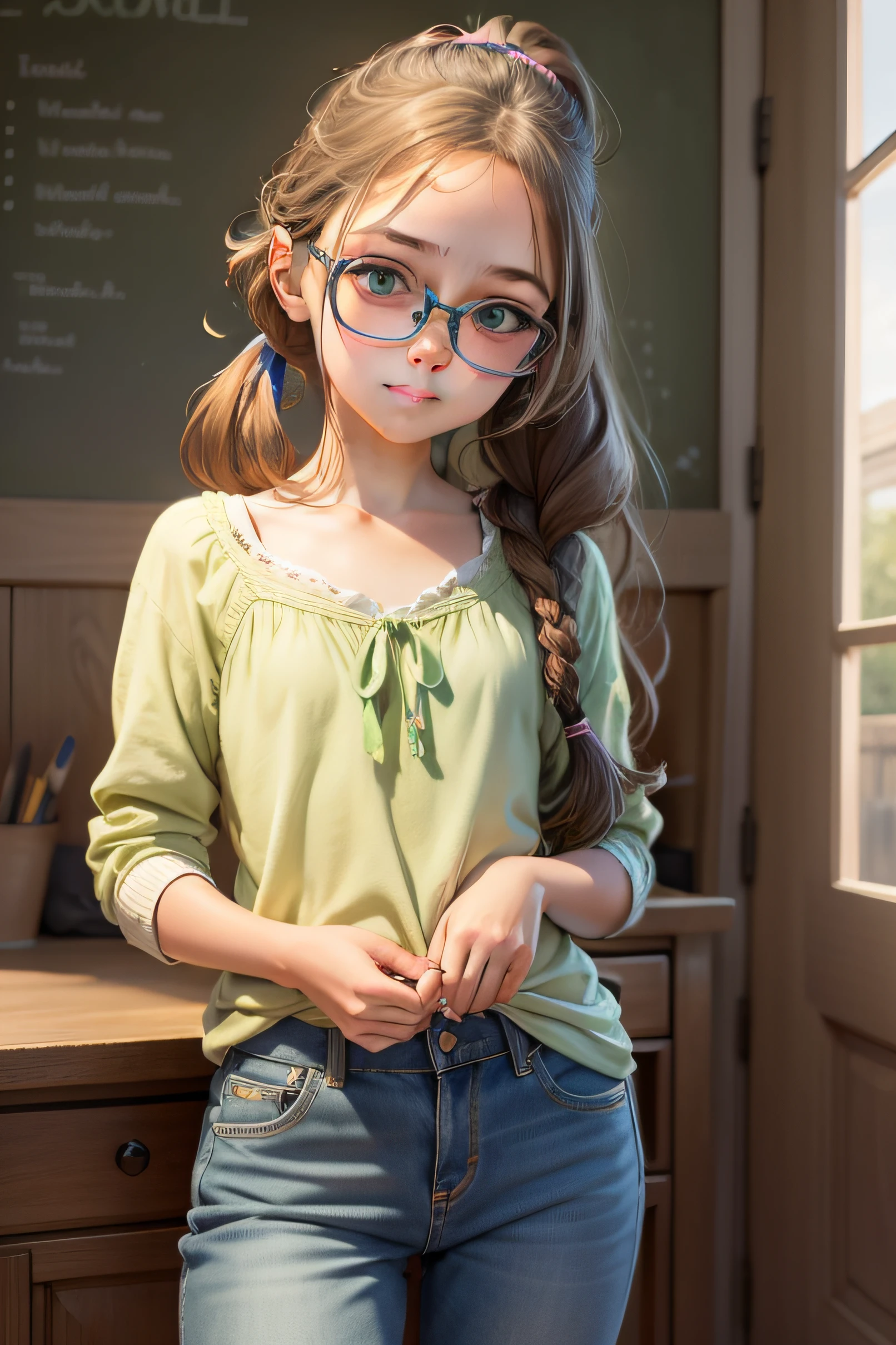 "Whimsical illustration for a children's book: a -yeld Casian girl in jeans ,has glasses and green eyes. Her long brown hair is tied up in a ponytail.