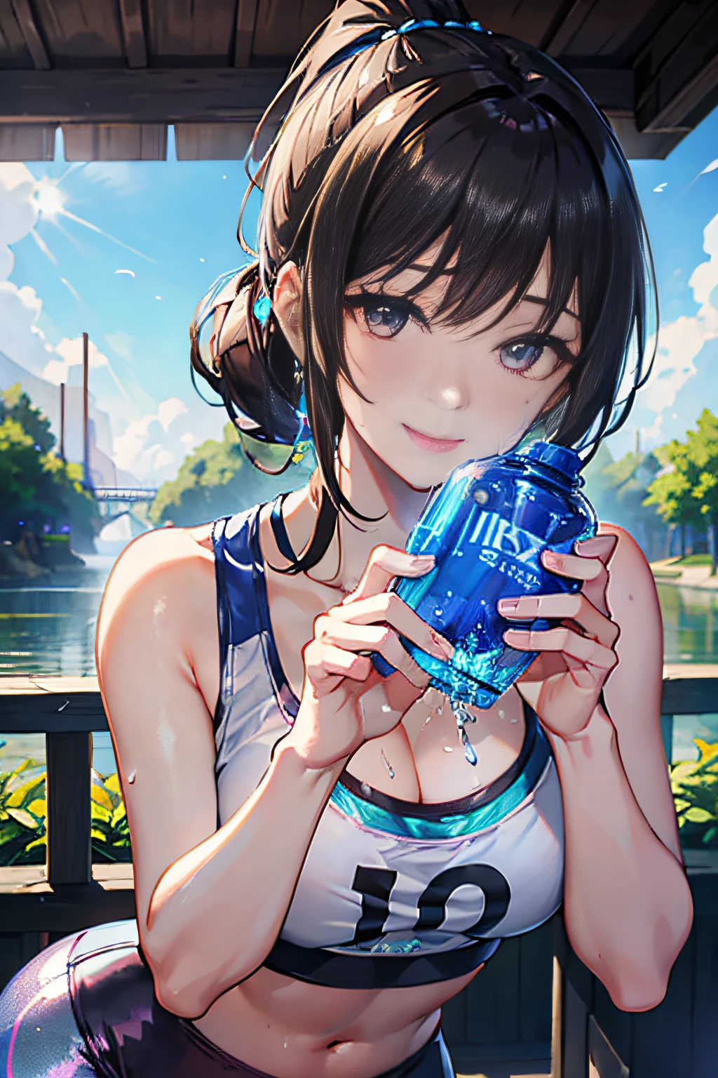 Girl running in the park,(((Drink bottled water))),Big balls of sweat,(Expressed with a glossy iridescent metallic luster、Bright sports bra and leggings.:1.3).Glossy light brown and orange striped shorthair,disheveled ponytail,Swaying breasts、Lovely woman,Perfect round face,A cheerful smile that makes the viewer happy,Proper body proportion,masutepiece,Super high-quality output images,hight resolution,Intricate details,Very delicate and beautiful hair,photographrealistic,Dreamy,Professional Lighting,realistic shadow,Solo Focus,Beautiful hands,Beautiful fingers,Detailed finger features,detailed clothes features,Detailed hair features,detailed facial features,