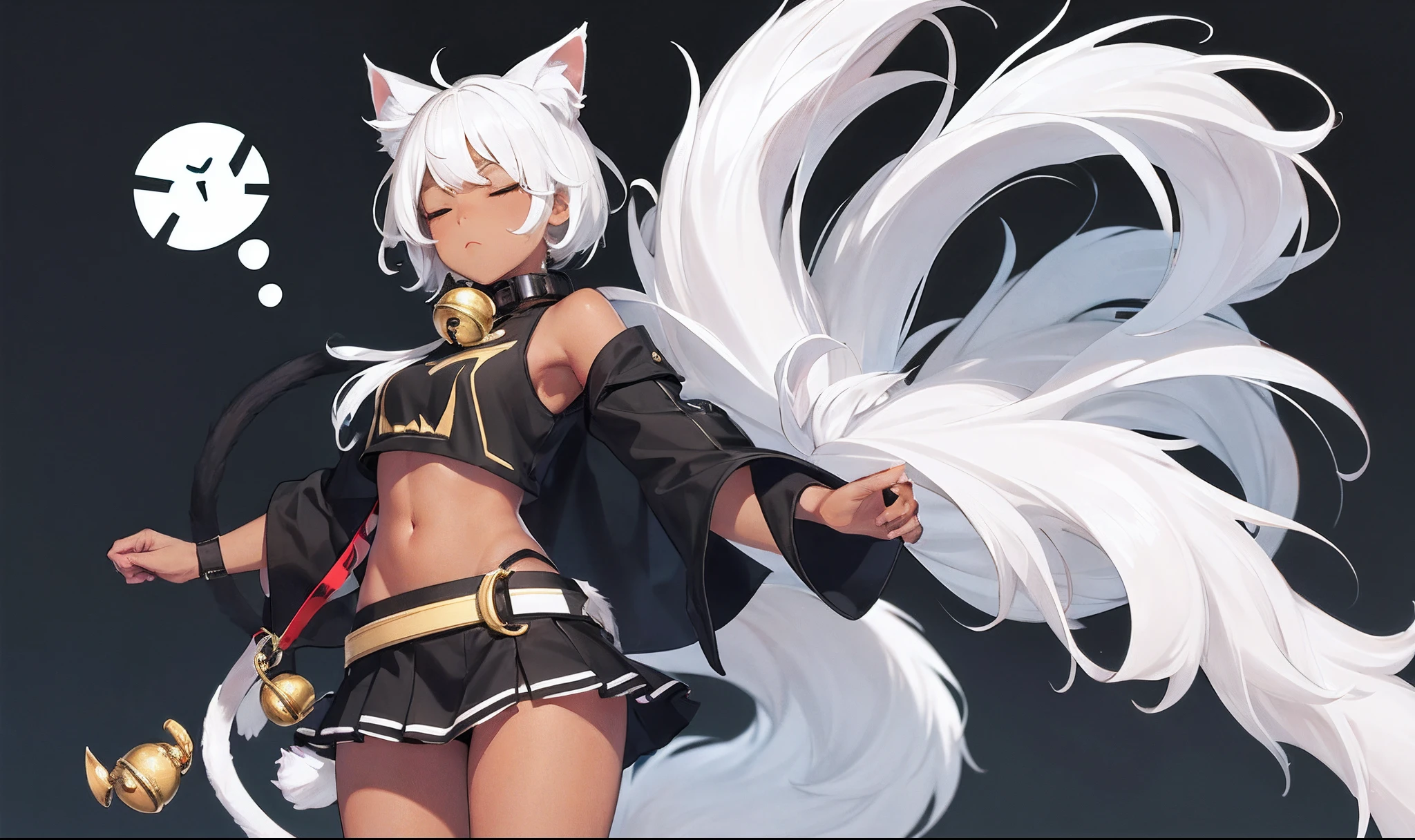 this character wears clothes with a skirt and has a cat tail coming from behind her back, animal ears, solo, tail, 1girl, collar, cat tail, cat ears, navel, dark skin, closed eyes, dark-skinned female, bell, neck bell, simple background, white hair,kamisato_ayaka