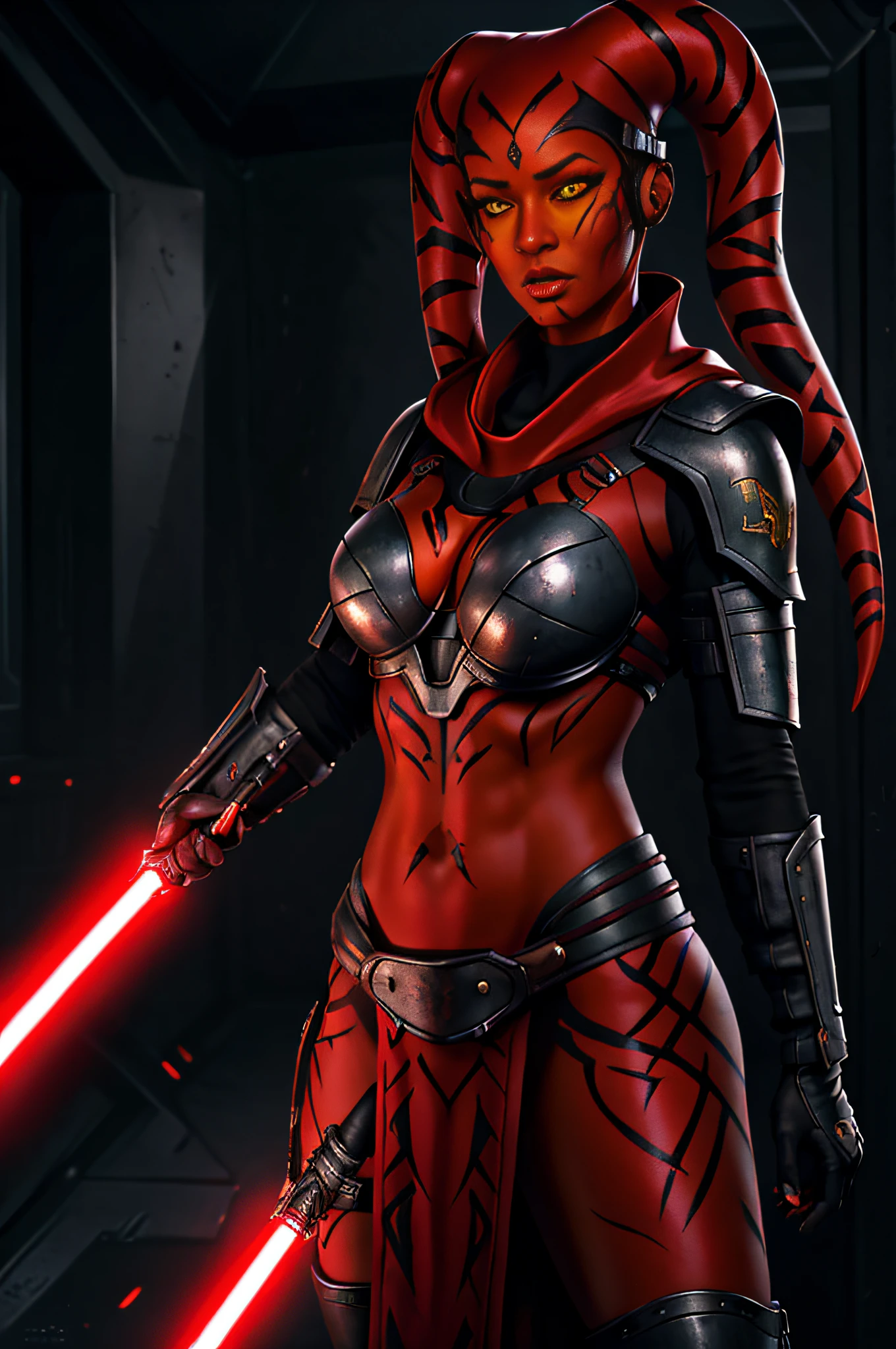 (masterpiece), (best quality), (1 girl), ((red skin: 1.8)), ((yellow eyes: 1.5)), (detailed face), full body, as sith detailed portrait, twilek, darth taron, sexy, full body tribal, cute, with red lightsaber, (wearing a black robe), black stealth armor, breastplate, tunic, tabard, cowl, cloak, body gloves, straps, buckles, skirt, long sleeves, greg rutkowski, art station, fantasy, realistic style