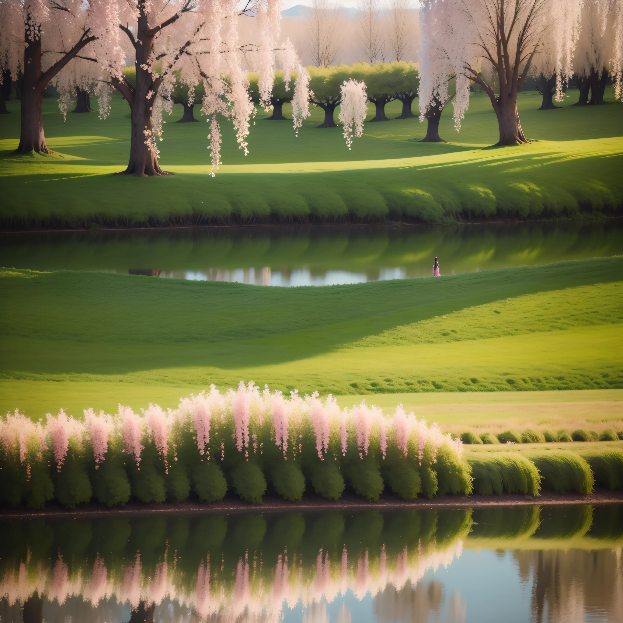 look at,Willow trees lined up by the river,It's like a bunch of people dressed in green、Energetic(dousOu)of soldiers;Behold the,That tree was full of flowers,The flower has five petals,The side is pink,The middle is dark yellow