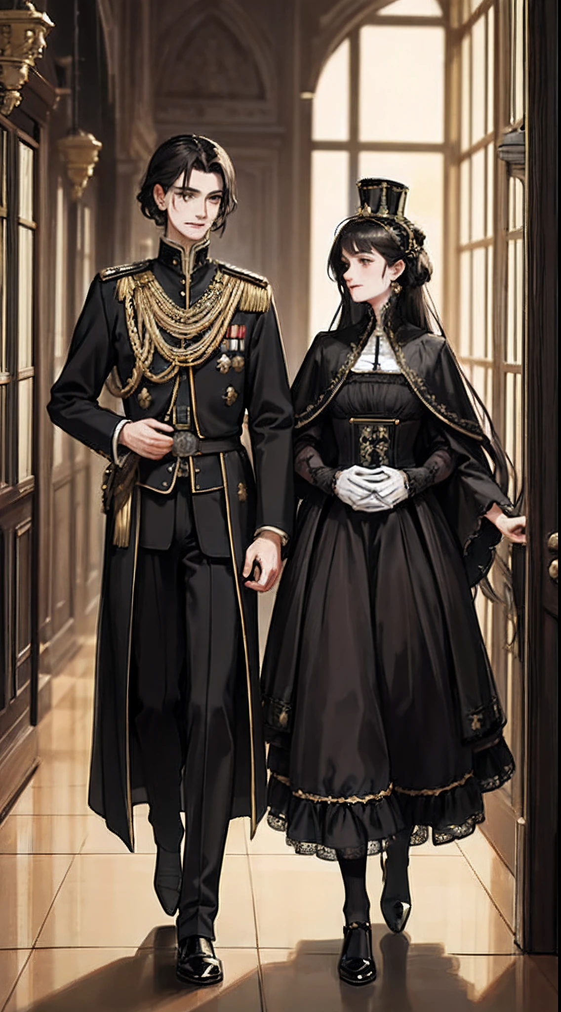 In the hall stood two people dressed in strange costumes, imperial royal elegant clothing, wearing a black noble suit, both wearing victorian clothes, very detailed and rich clothing, xix century military outfit, royal attire akira, tuomas korpi and wlop, Guviz-style artwork, gilded black uniform, by Yang J, Royal attire