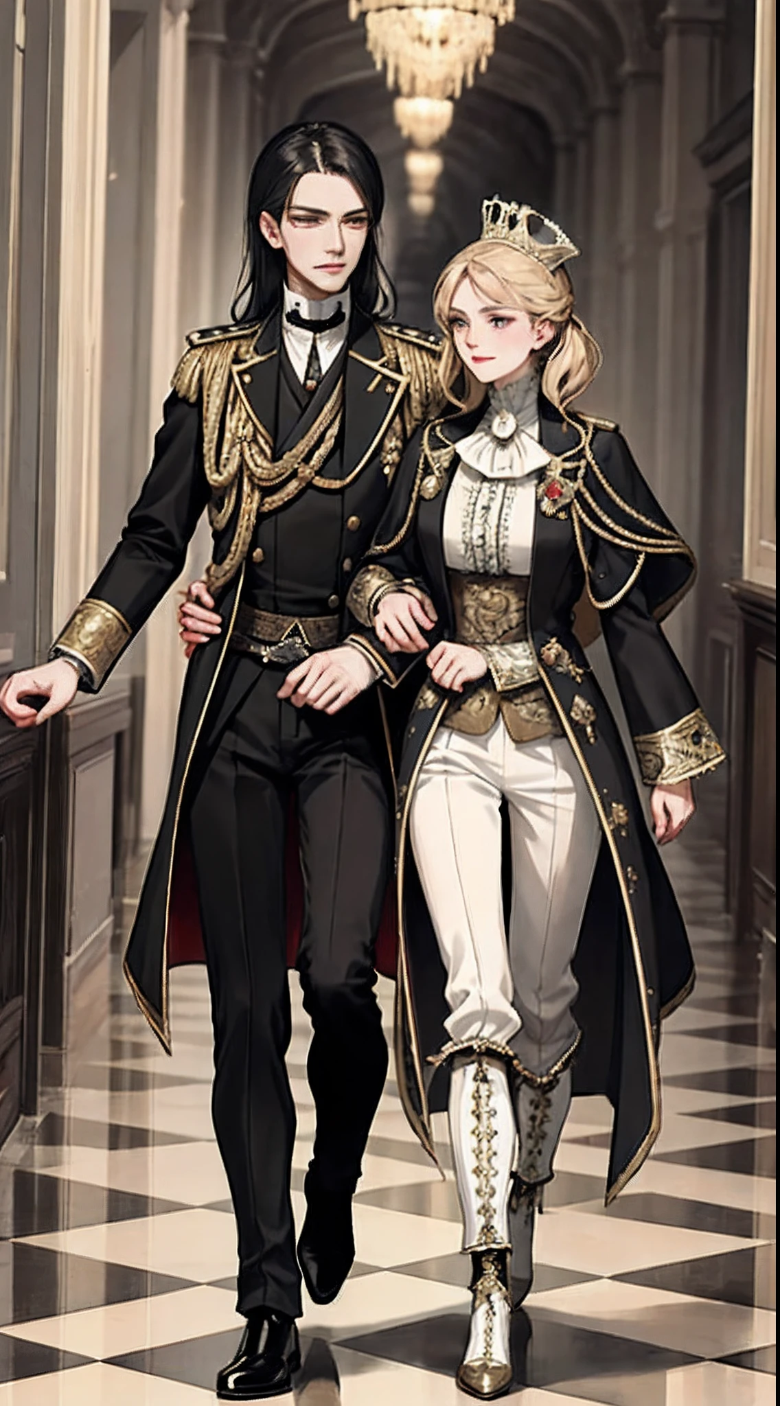 In the hall stood two people dressed in strange costumes, imperial royal elegant clothing, wearing a black noble suit, both wearing victorian clothes, very detailed and rich clothing, xix century military outfit, royal attire akira, tuomas korpi and wlop, Guviz-style artwork, gilded black uniform, by Yang J, Royal attire