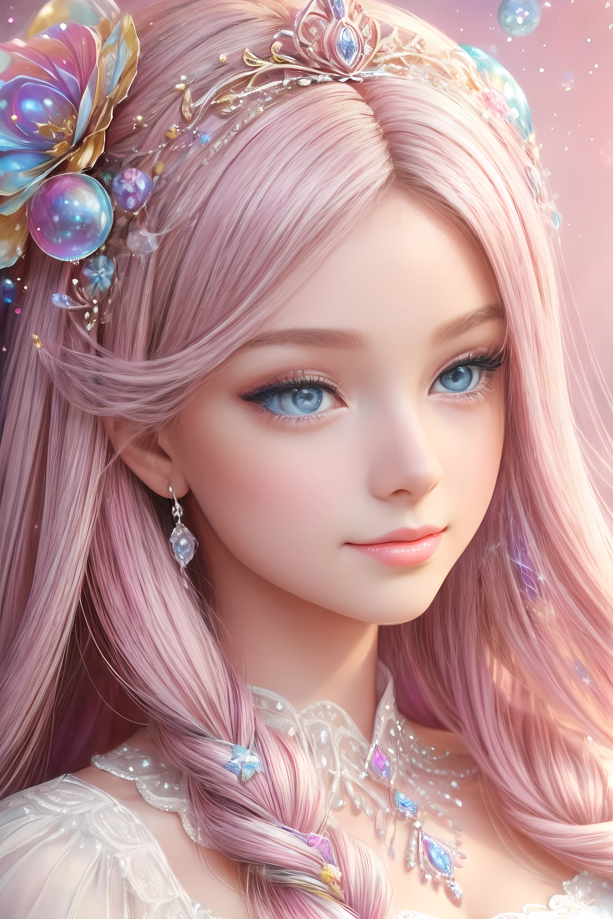 ((Masterpiece)). This artwork is sweet, Dreamy and ethereal, (Barbie pink background:1.5),barbiecore,A princess,cabellos largos dorados,Kizi,Delicate face, Soft pink watercolor toned candy accent,(Bubblegum world with a variety of pastel shades). Her sweet face is extremely detailed and realistic,Elegant facial features,Sweet, Highly realistic eyes,Sweet smile, Highly detailed, And beautiful. HD and detail, Contains a lot of detail,Colorful bubbles, Colorful petals, Stars and colorful bubble gum bubbles,fantastic details, Enhanced detail, rainbowing, Colorful sparkling wind,Beautiful and realistic details,The images are dreamy and ethereal.8K, Intricate, elegant, Highly detailed, Majestic, Digital photography