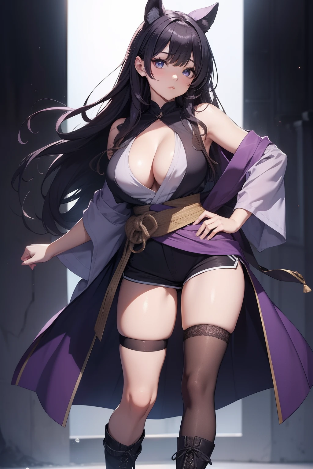 (masterpiece), best quality, expressive eyes, perfect face, perfect hands, large cleavage, long round legs, round ass, Hyūga Hinata, medium shot, standing, both hands on her waist, form-fitting light lavender, sleeveless kimono-style blouse with vertical lines, tied with a dark purple obi around her waist and short dark navy shorts, she also wore thigh-high stockings with black, open-toed boots