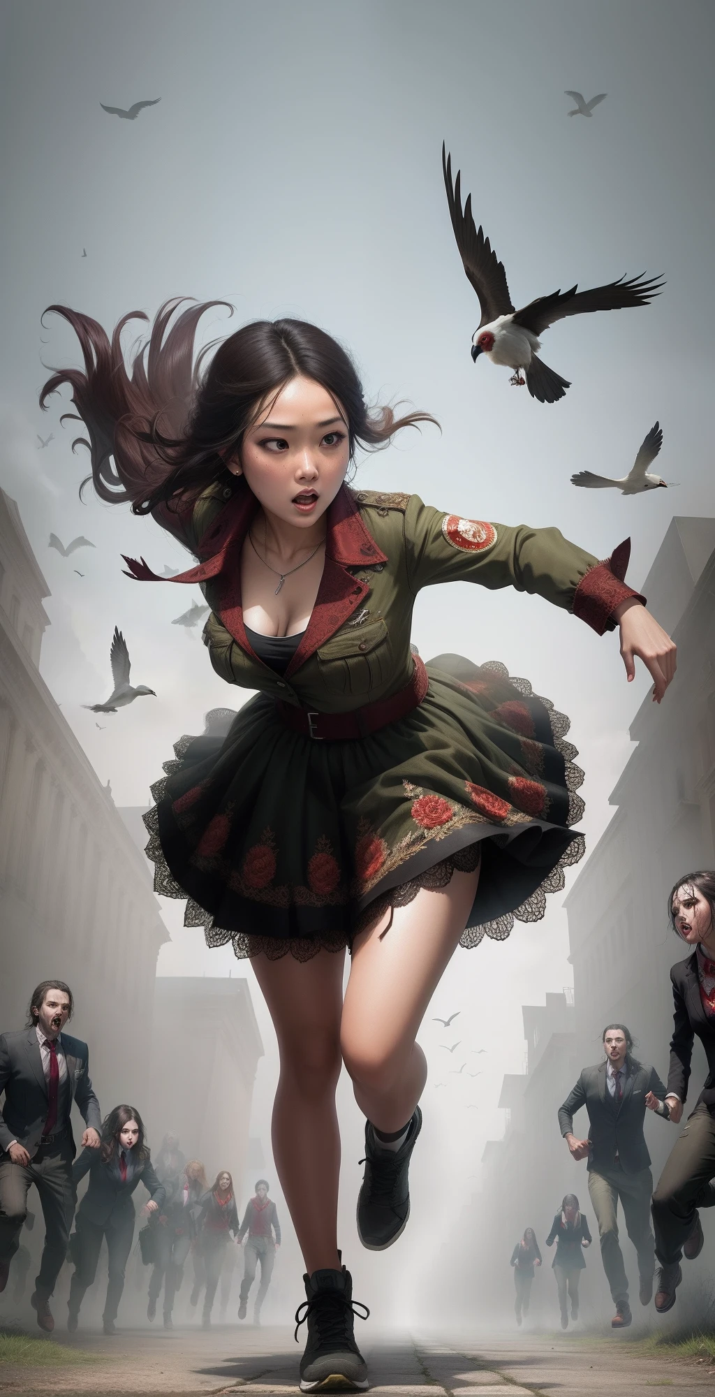 woman running away from a group of zombies, birds view, wide lens scale, full body portrait, supreme quality, intricate detail