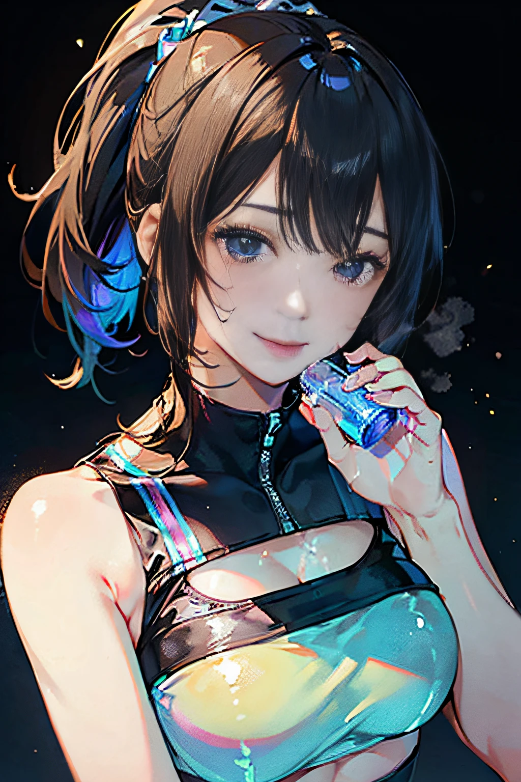 Girl running in the park,(((Drink bottled water))),Big balls of sweat,(Expressed with a glossy iridescent metallic luster、Bright sports bra and leggings.:1.3).Glossy light brown and orange striped shorthair,disheveled ponytail,Swaying breasts、Lovely woman,Perfect round face,A cheerful smile that makes the viewer happy,Proper body proportion,masutepiece,Super high-quality output images,hight resolution,Intricate details,Very delicate and beautiful hair,photographrealistic,Dreamy,Professional Lighting,realistic shadow,Solo Focus,Beautiful hands,Beautiful fingers,Detailed finger features,detailed clothes features,Detailed hair features,detailed facial features,