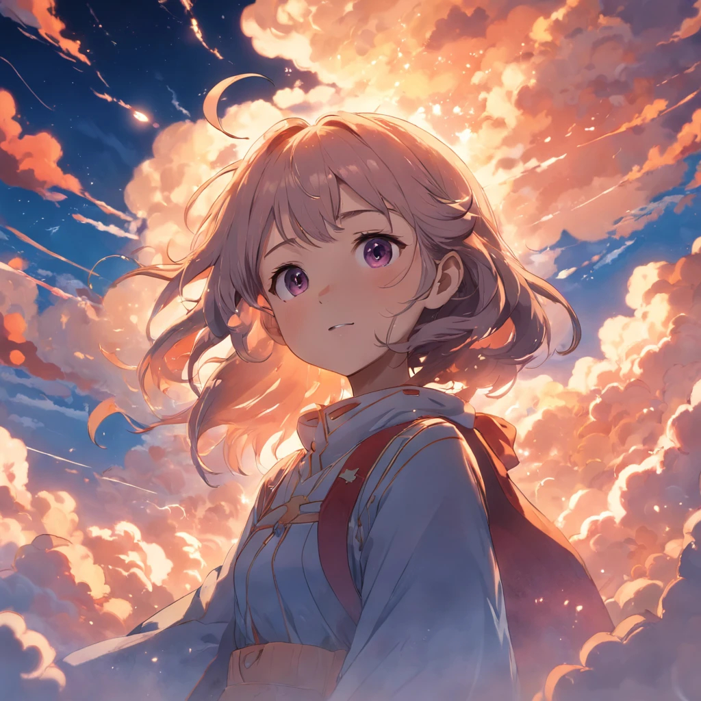 masterpiece, best quality, movie still, 1girl, cloud girl, floating in the sky, close-up, bright, happy, warm soft lighting, sunset, (sparks:0.7)