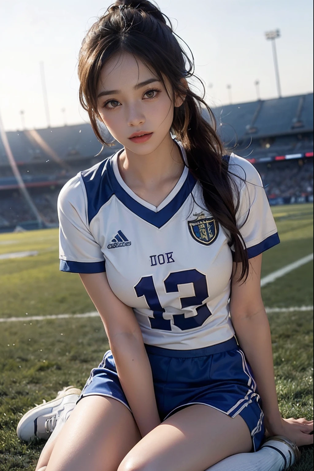 (original photography、4k、masterpiece、high resolution、very complicated)(realism:1.4)、Stay away from Lenovo lighting, a woman with delicate features,Exposing the whole body,long legs,
1 female,single focus、Summer Noon、hot、1990s\(style\)、Muscle whitening、(huge 、Medium breasts)、(Top quality)、(high resolution)、(Extremely exquisite and beautiful)、、(Beautiful 8k face)、(Brown eyes)、(ponytail)、(Urzan-6500:1.0)、(Solitary)、(watch side)、(audience)、(huge tits)、(international football federation(he himself)、shooting、side view、(front)、、(football jersey)、(High Legs)、((play soccer))、((Lawn floor))、((speed))、(actual)、