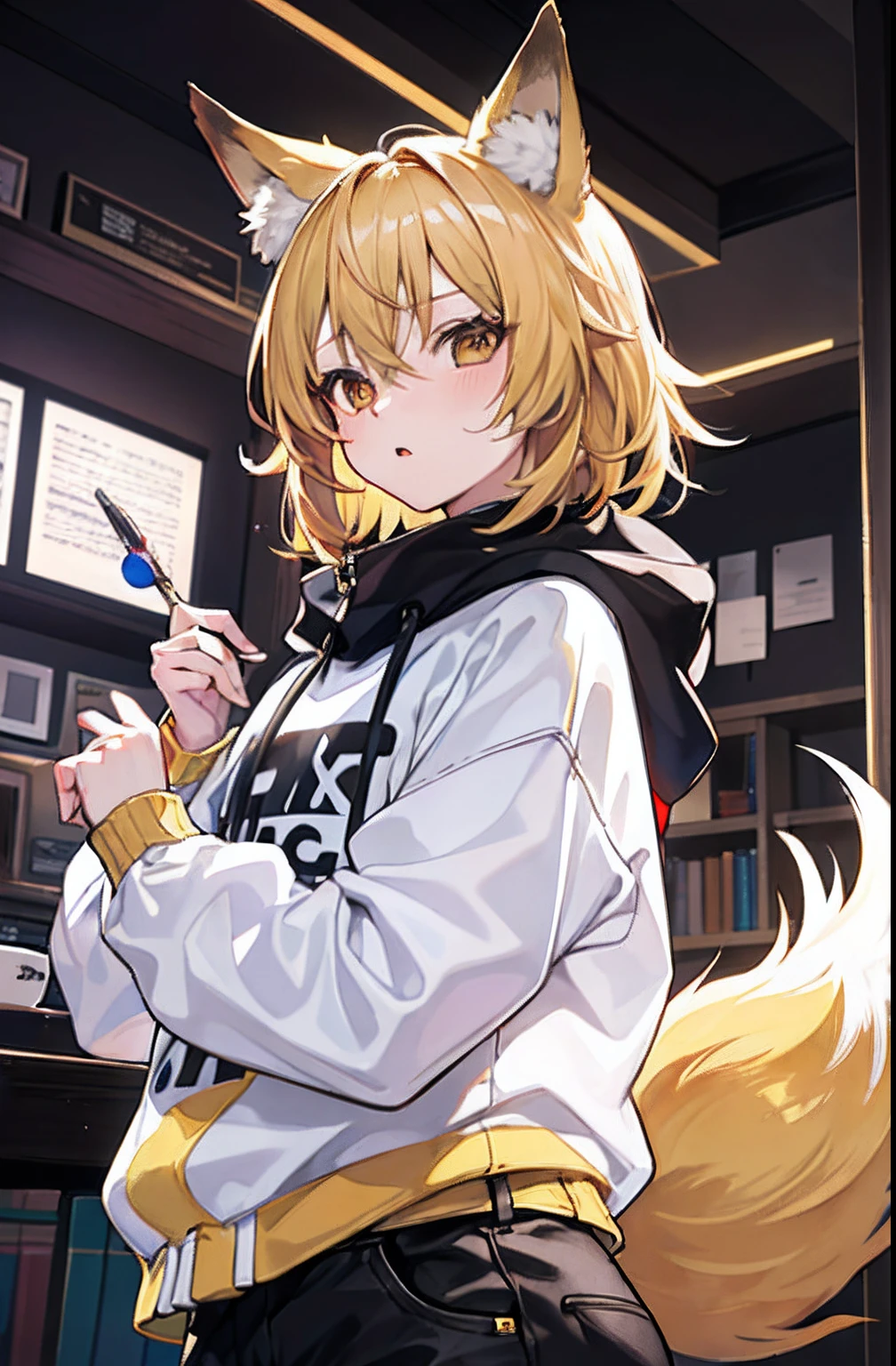 (tmasterpiece、top-quality、illustratio、Extremely high quality、high-level image quality、Extremely sensitive writing)4K,RTX,Shaders,brilliant texture work,tmasterpiece、top-quality、A high resolution,Short blonde hair,Golden fox ears,Golden fox tail,Reddish-brown eyes,Wearing a yellow sweatshirt,Tsundere,Libido boy
