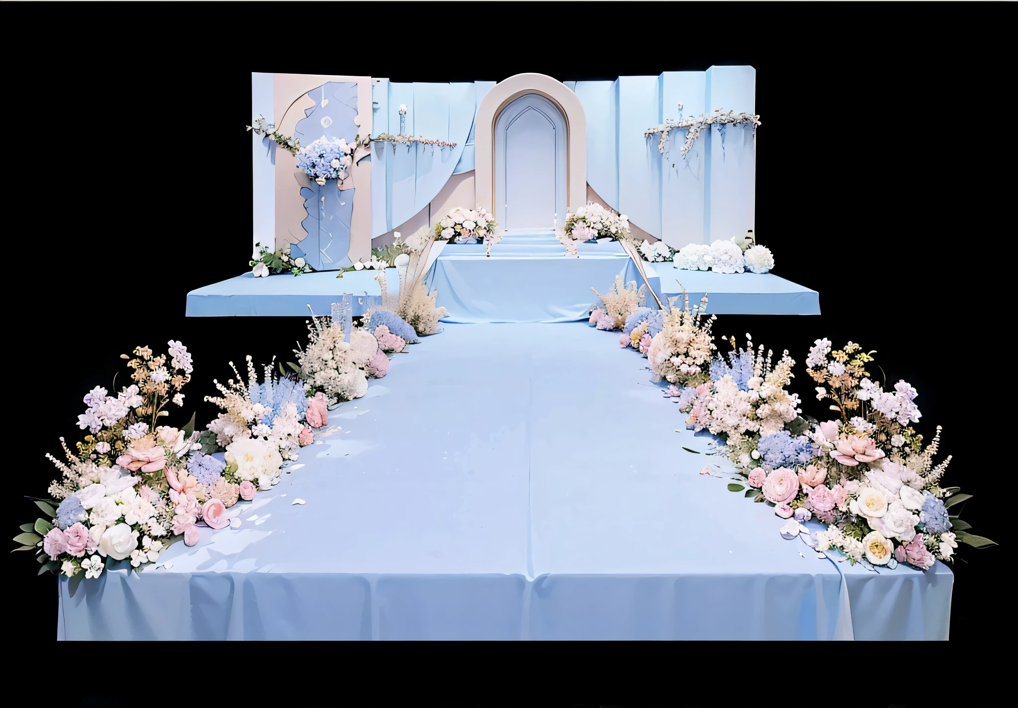 opulent ,Beautiful rendering,hyper HD,Hyper-realistic,,French wedding scene,CG rendering,lavishly decorated,enscape render,,Luxurious crystal ceiling,Wedding,opulent,high qulity,with details,Oil painting feeling,florals,Powder blue color scheme,No characters