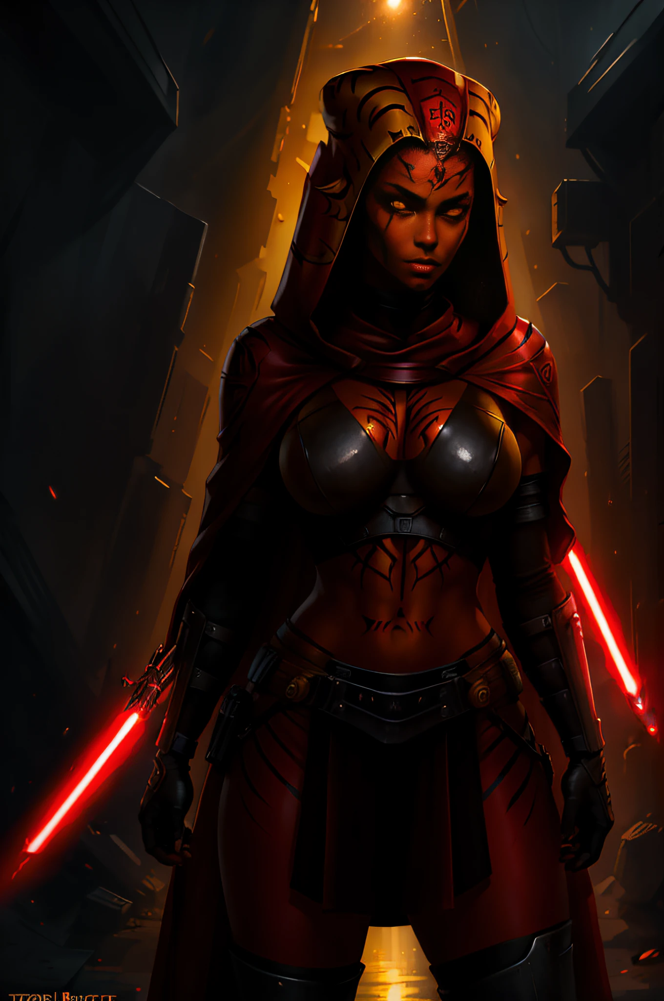 (masterpiece), (best quality), (1 girl), ((red skin: 1.8)), ((yellow eyes: 1.5)), (detailed face), full body, as sith detailed portrait, twilek, darth taron, sexy, full body tribal, cute, with red lightsaber, (wearing a black robe), black stealth armor, breastplate, tunic, tabard, cowl, cloak, body gloves, straps, buckles, skirt, long sleeves, greg rutkowski, art station, fantasy, realistic style