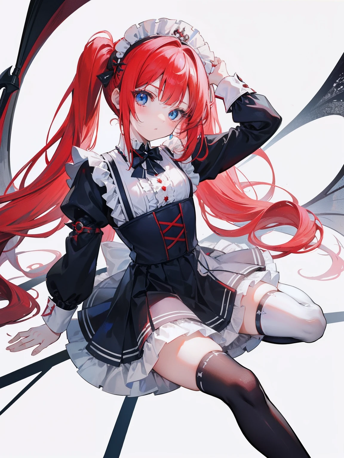 red hair,blue eyes,twintails, long hair, solo, loli, black stockings,{{best quality}}, {{masterpiece}}, {{ultra-detailed}}, {illustration}, {detailed light}, {an extremely delicate and beautiful},little girl,cute,Succubus, demon,horns