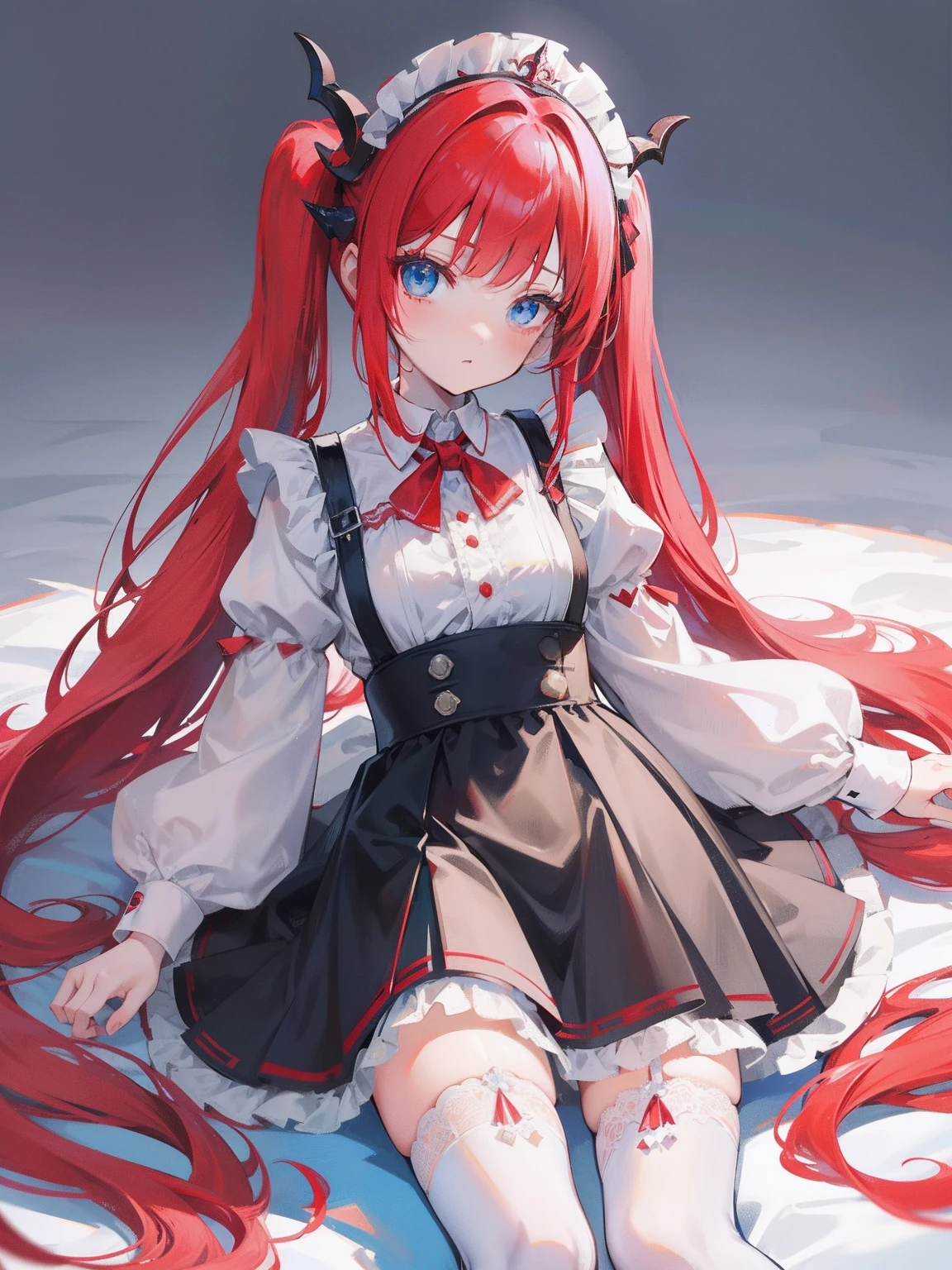 red hair,blue eyes,twintails,maid, long hair, long sleeves, gothic, solo, loli,Short skirt, white stockings,{{best quality}}, {{masterpiece}}, {{ultra-detailed}}, {illustration}, {detailed light}, {an extremely delicate and beautiful},little girl,cute,dragon horns