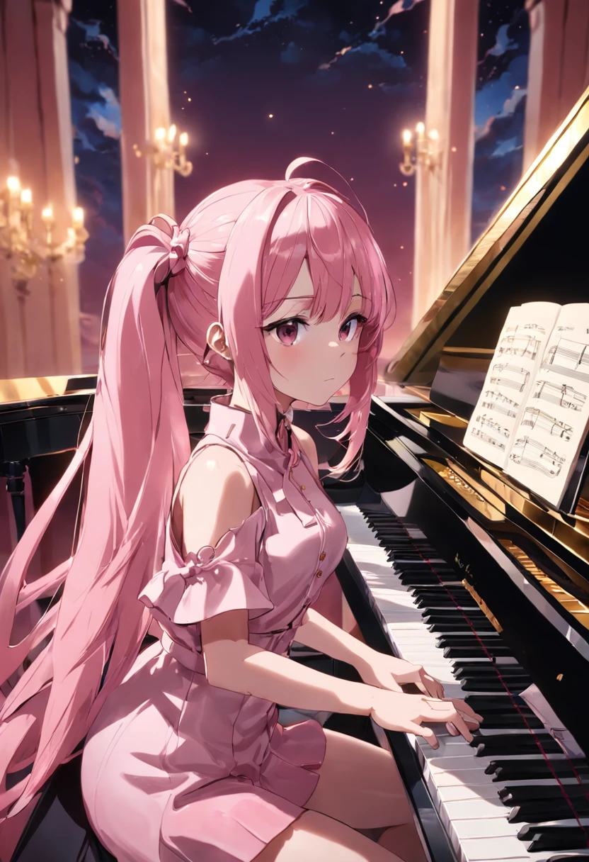 (8K), (best quality), (muste piece: 1.2) a lot of spectators、orchestra、Cute female pianist playing the piano in the concert hall pink hair、ecstatic expression