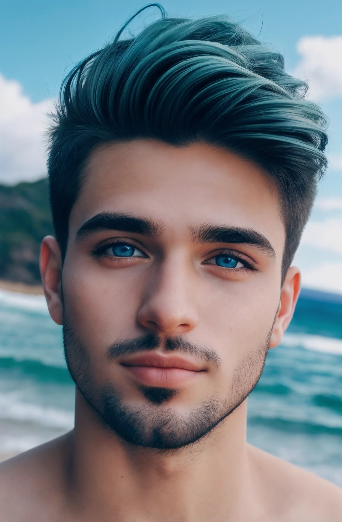 Homem jovem,bonito,olhos azul,cabelo castanho,selfie,paisagem,real,fotorealista