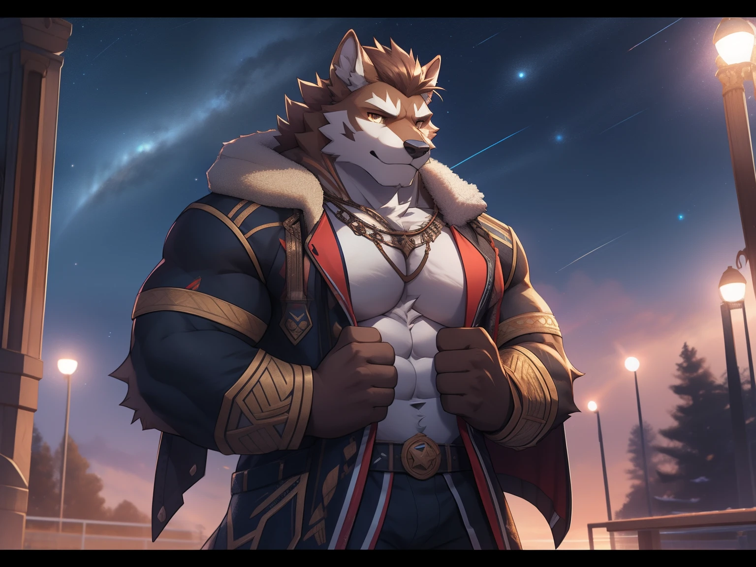 Canine orcs, Tall,athletic strong, sports student, sunny handsome, starrysky, starlights, Clear detail, Realism, rendering, C4D, 3DMAX, Redshift rendering, corona rendered, Bejas --ar 1:2 --C 10, , hands crossed, Shy, estrus,hairy chest,Coat color yellow and white,brown hair,big breasts exposed cleavage,bareness,giant root