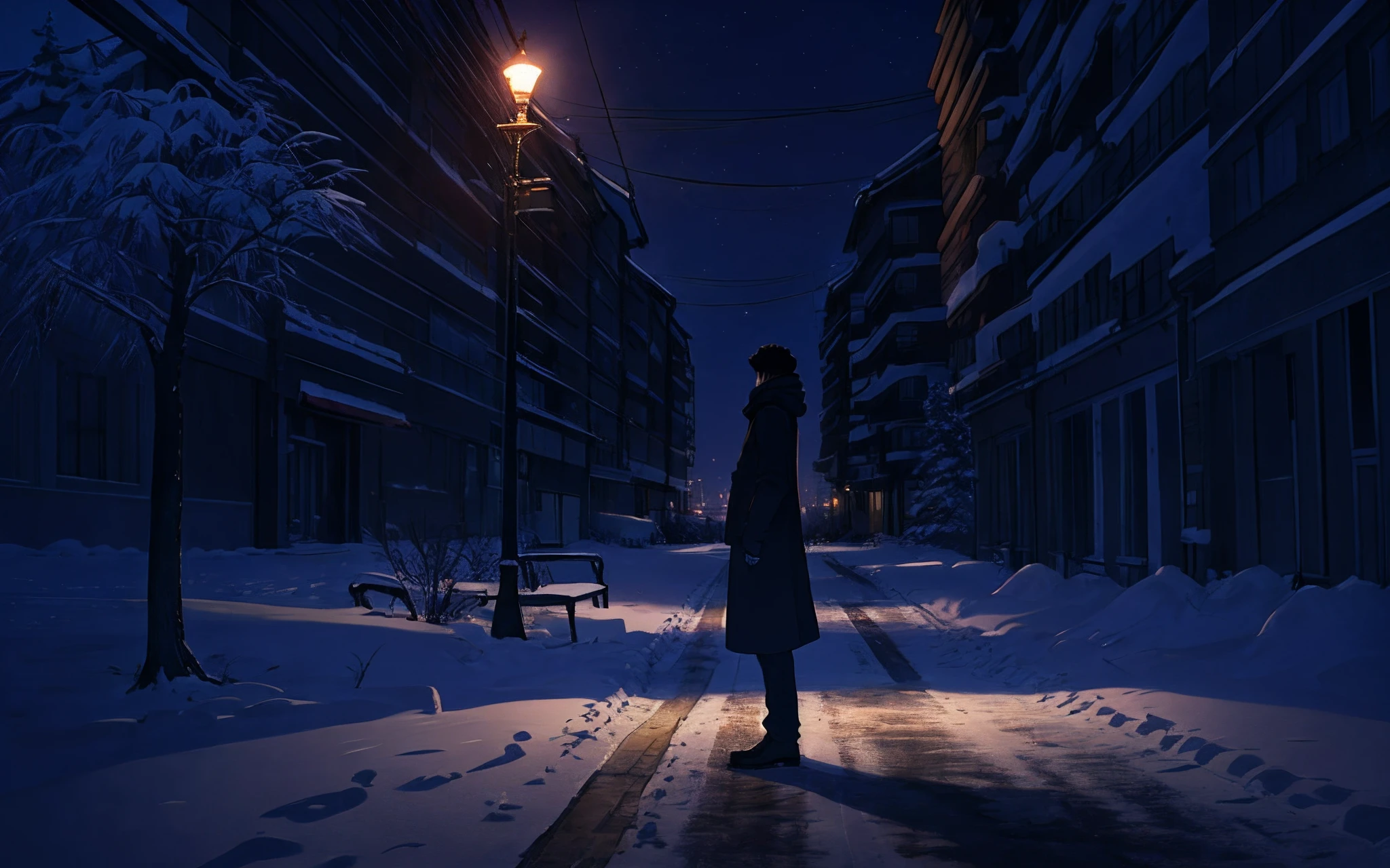 nighttime scene Winter scenery One person standing lonely Urban winter