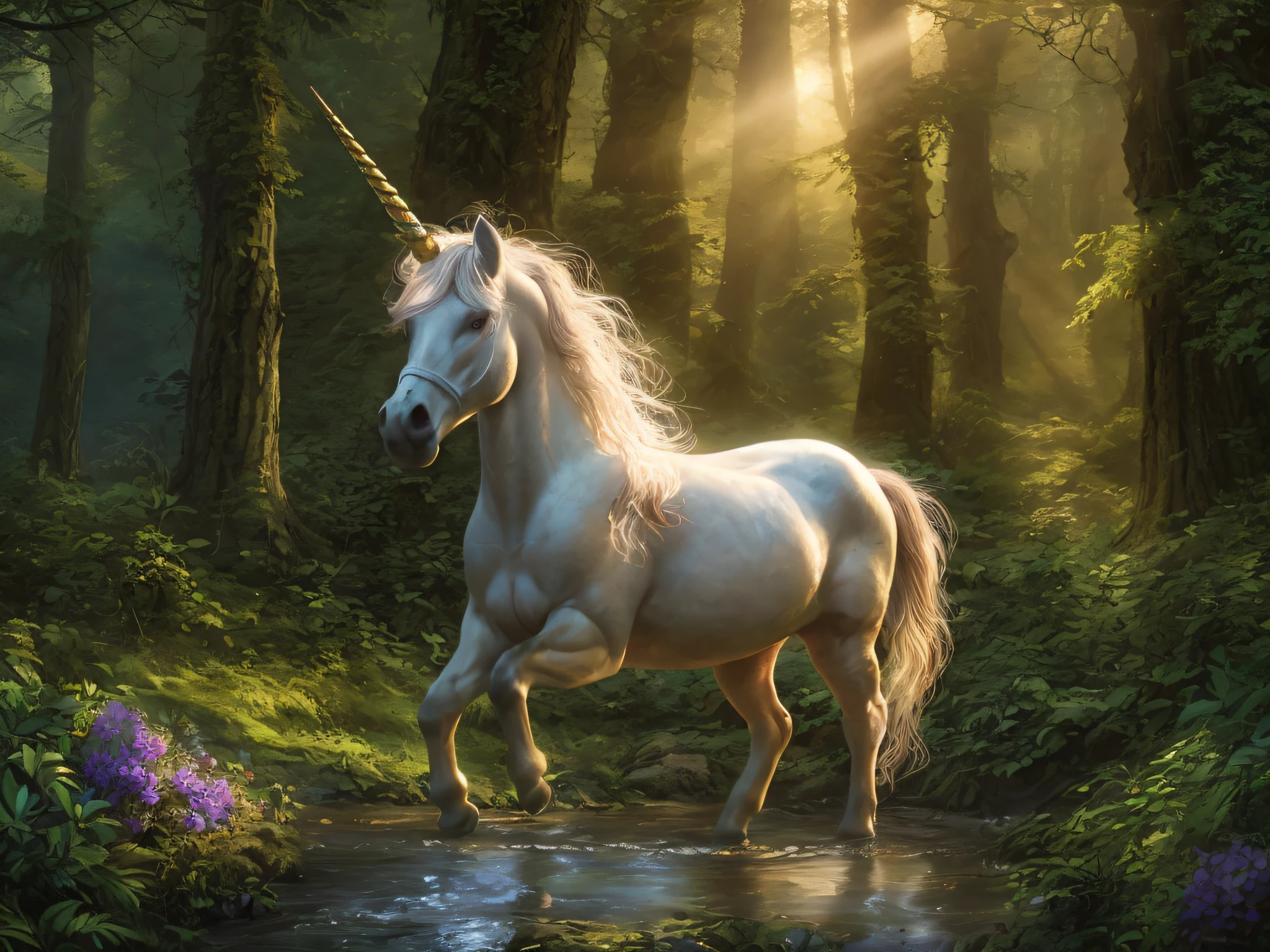 a picture of a unicorn in a forest clearing, an epic unicorn (best detailed, Masterpiece, best quality)  watching a forest clearing, there are plenty of trees and flowers, a stream of water, fairies flying around, sunset light, sun rays, DruidMagicAI, fantasy art,magv1ll, D&D art, RPG art, ultra best realistic, best details, best quality, 16k, [ultra detailed], masterpiece, best quality, (extremely detailed), ultra wide shot, photorealism, depth of field, hyper realistic painting