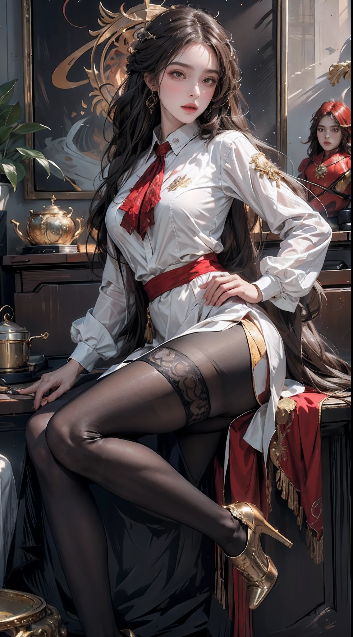 ((Masterpiece, Highest quality)), Detailed face, CharacterDesignSheet，full bodyesbian, Full of details, Multiple poses and expressions, Highly detailed, Depth, Many parts，beuaty girl，cinmatic lighting，with light glowing，Red and gold，Phoenix decoration，light yarn，Lace，lacepantyhose，high-heels