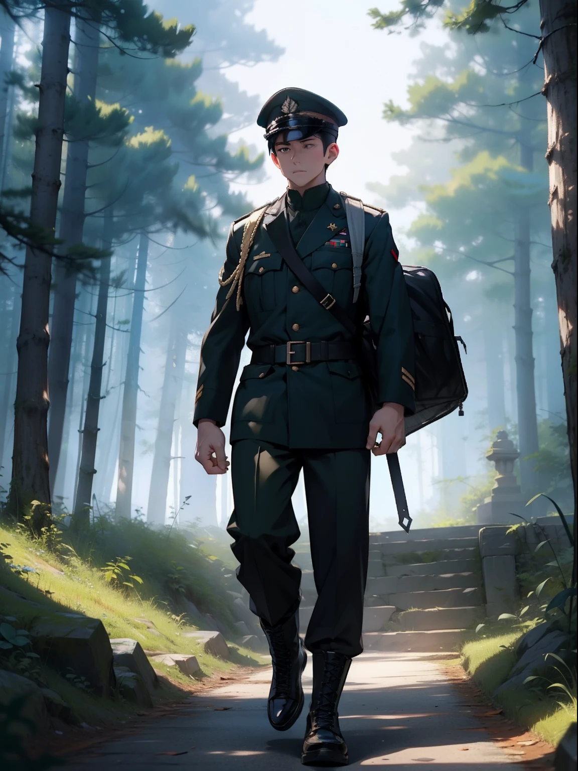 ln the forest,A boy with,Domineering,Military shoes,standing on your feet。In the daytime,Light irradiation,