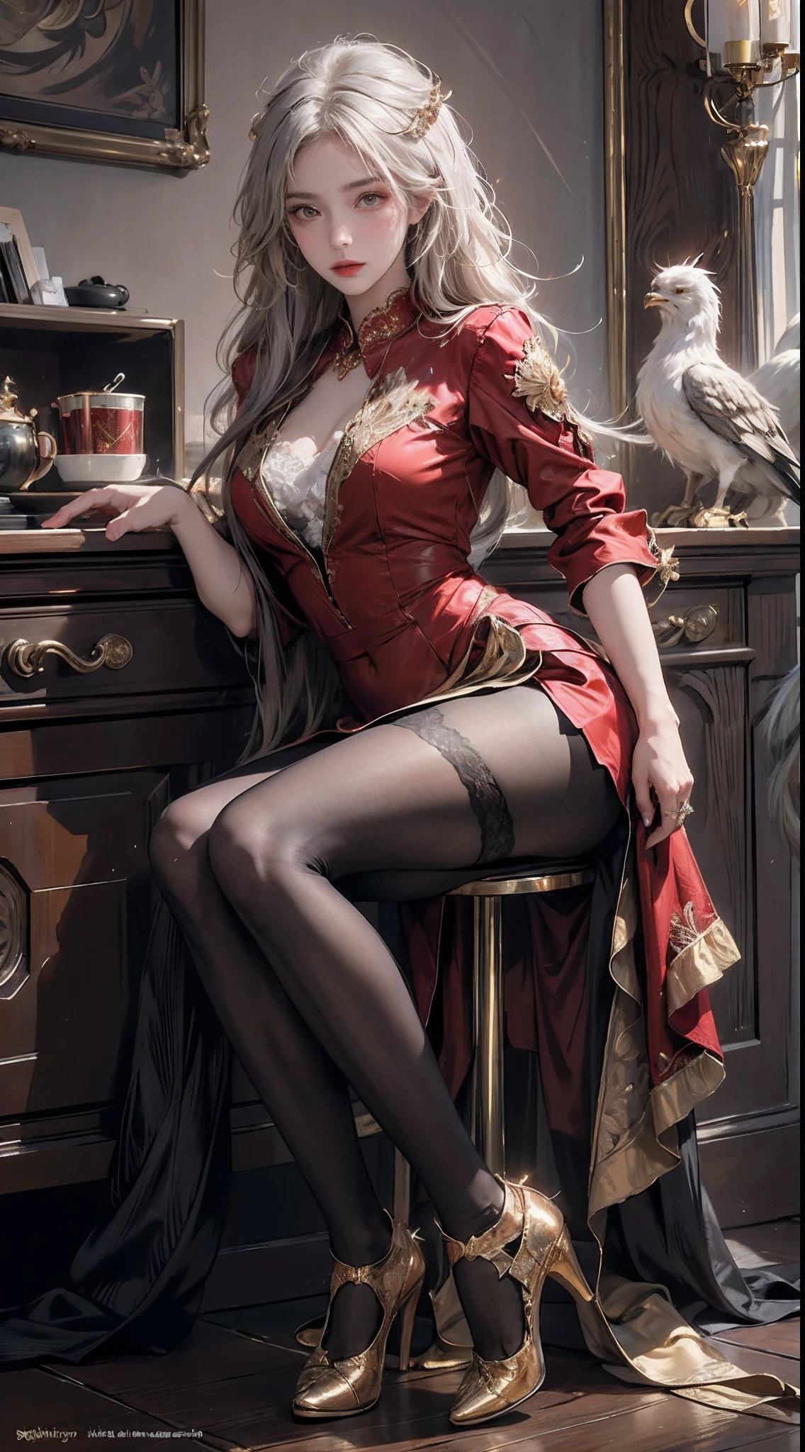 ((Masterpiece, Highest quality)), Detailed face, CharacterDesignSheet，full bodyesbian, Full of details, Multiple poses and expressions, Highly detailed, Depth, Many parts，beuaty girl，cinmatic lighting，with light glowing，Red and gold，Phoenix decoration，light yarn，Lace，lacepantyhose，high-heels