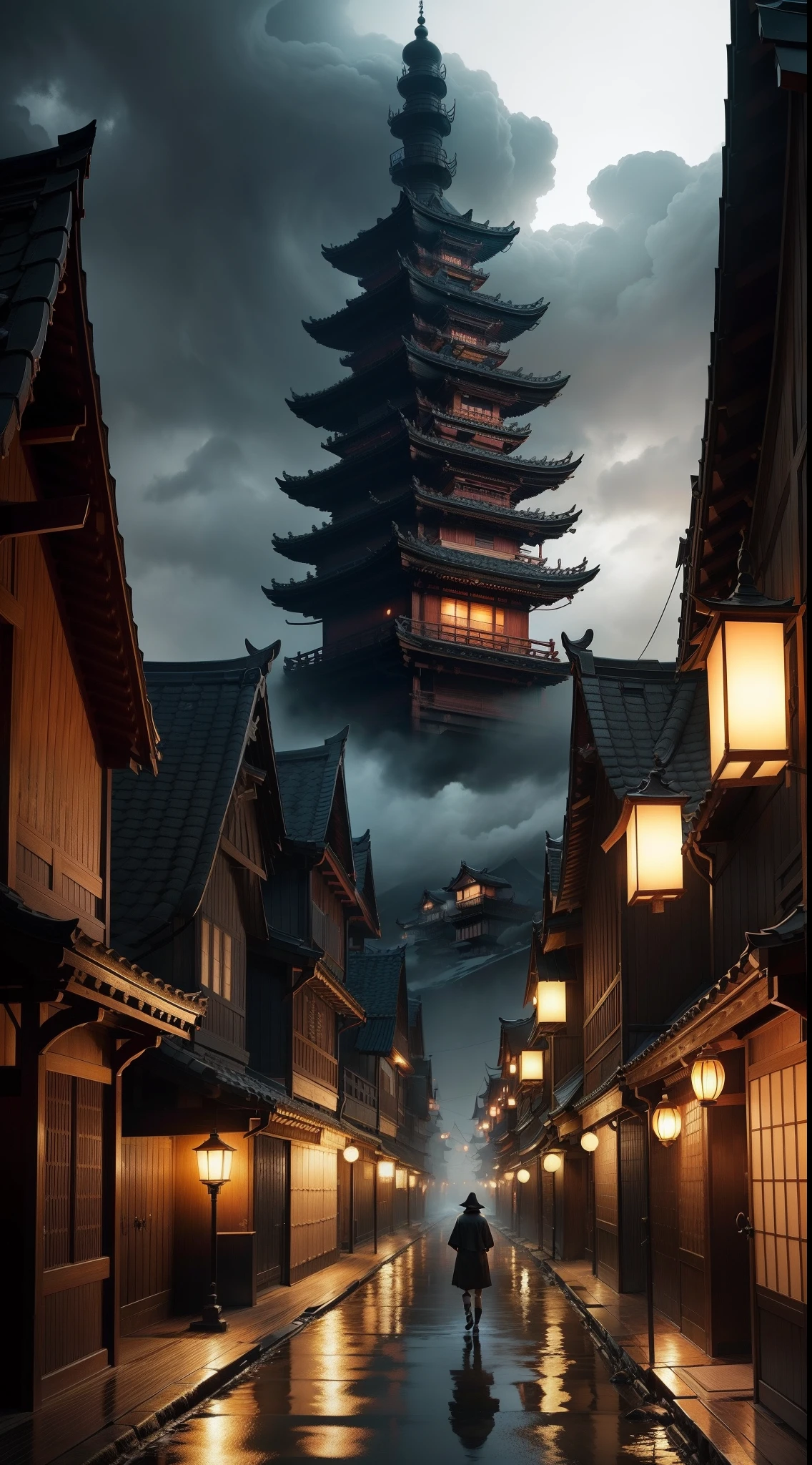 Capture Kumonokami's eerie essence in a hauntingly beautiful portrayal. Show the yokai's grotesque form emerging from the depths, with shadowy tendrils extending into the village. The unmistakable presence of the Edo era should be felt in the traditional architecture and dim lantern-lit streets. Kumonokami's malevolence, like a looming storm, dominates the scene, inviting intrigue and dread.